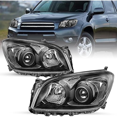 SOCKIR Headlight Assembly Fit for 2009 2010 2011 2012 Toyota Rav4 09 10 11 12 Rav 4 Halogen Replacement Headlamp, Driver and Passenger Side Black Housing with Clear Reflector