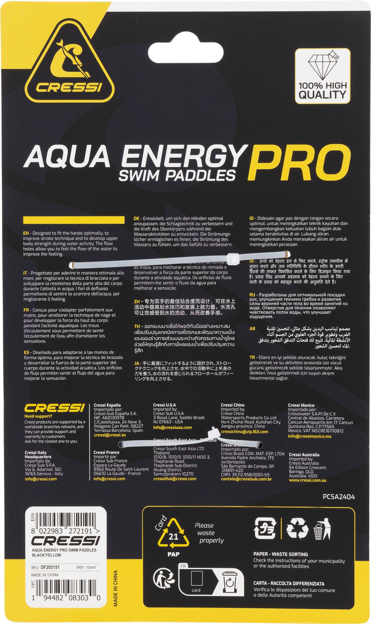 CRESSI Aqua Energy Swim Paddles, Unisex Swimming Paddles for Upper Body Strength, One Size
