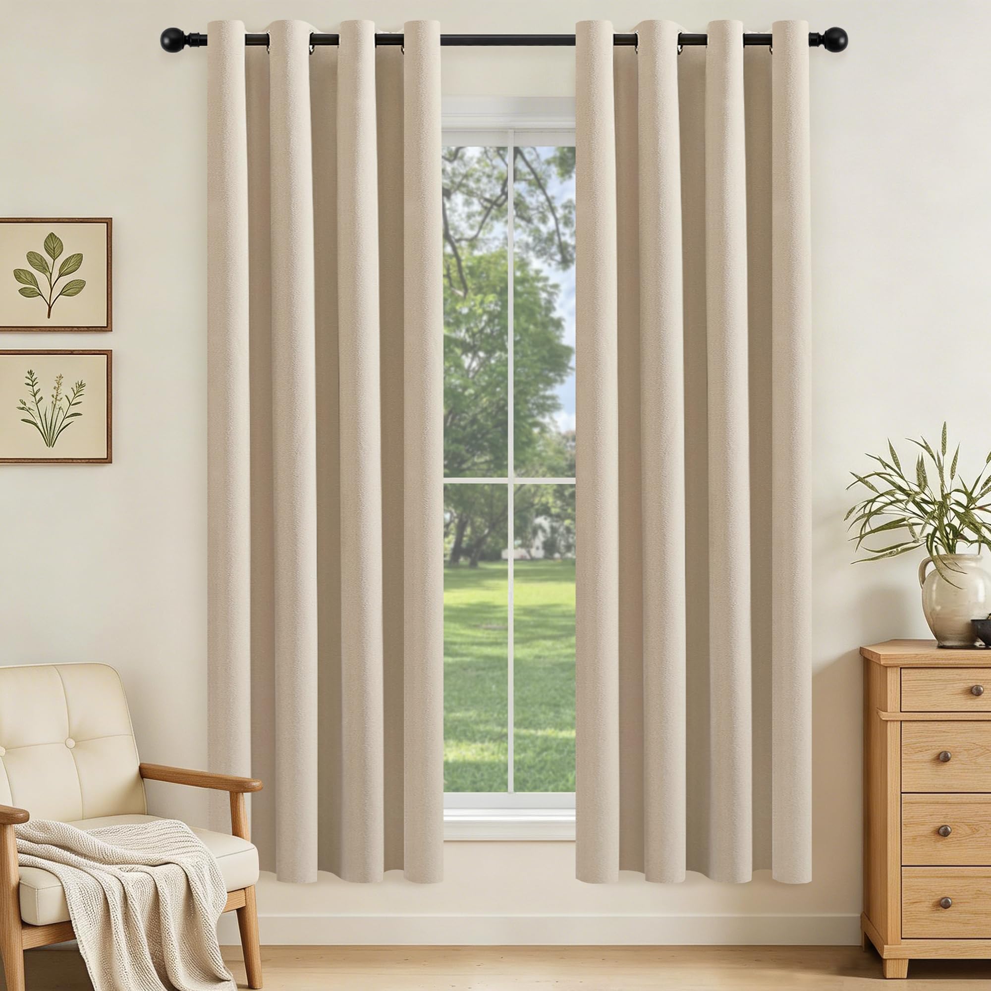 Full Blackout Curtains Cream Beige Linen Curtain & Panels Thermal Insulated Energy Efficiency Eyelet Black Out Bedroom Curtains with Coating Back Layer Living Room Window Treatments 46"W x 72"L