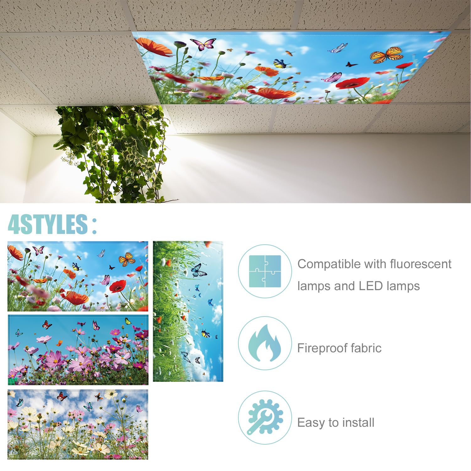 Cache-Lumière Fluorescente Magnétique 120 x 60 cm 4 Pièces Tissu Fleurs Papillons pour Plafonniers