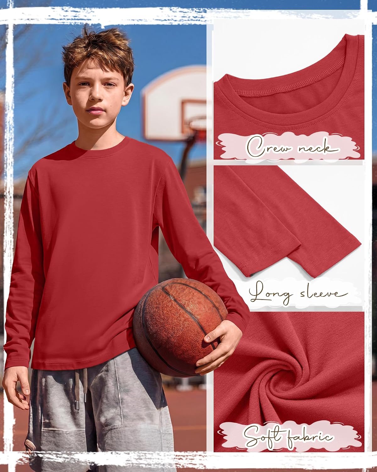 4 Pack Boys Long Sleeve Shirts 5-16 Years Kids Crewneck Loose Fit Basic Tees Youth Layering Tops Soft Undershirts
