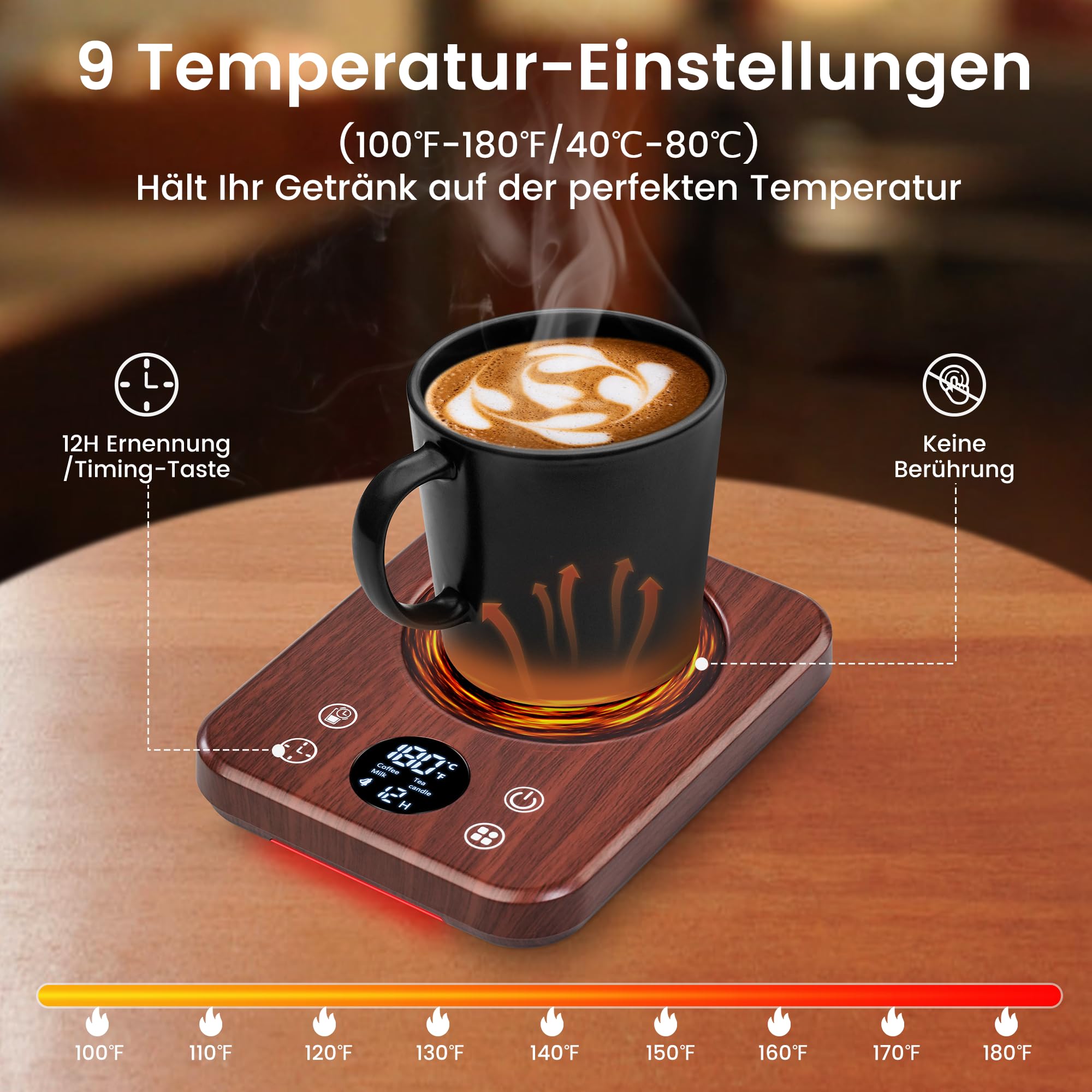 Calentador para Taza Inteligente 9 Niveles Temperatura 40℃-80℃ Apagado Automático 8 Horas Café Leche Té Madera