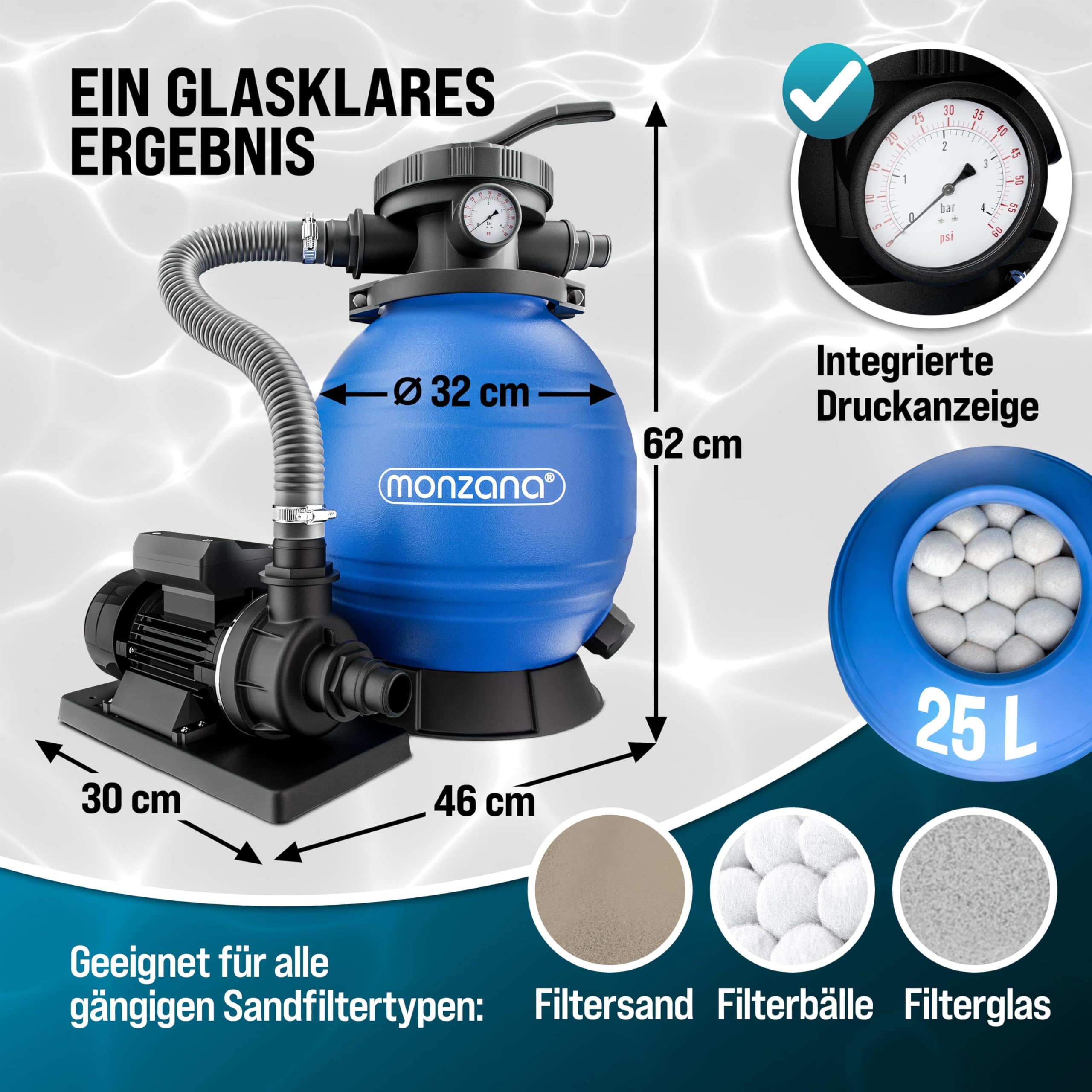 MONZANA® Filtro Acqua per Piscina SF12K 10.200 L/h Fino a 35.000L Vetro Filtrante Incl. Valvola a 7 Vie Adattatore 2in1 Ø32-38mm Pompa di Filtraggio 450W Filtri Piscine Fuori Terra Pompe Filtranti