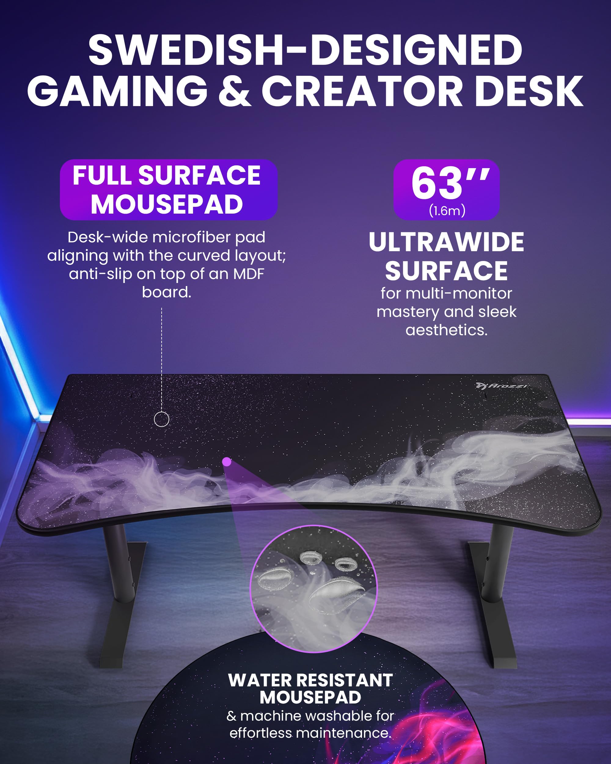 Arozzi Arena Gaming Tisch - Groß 160x82cm Gaming Schreibtisch für kleine Räume - Höhenverstellbar PC Tisch mit Full-Surface Mikrofasermauspad - Kabelmanagement und stabile Stahlbeine - Gunmetal Galaxy