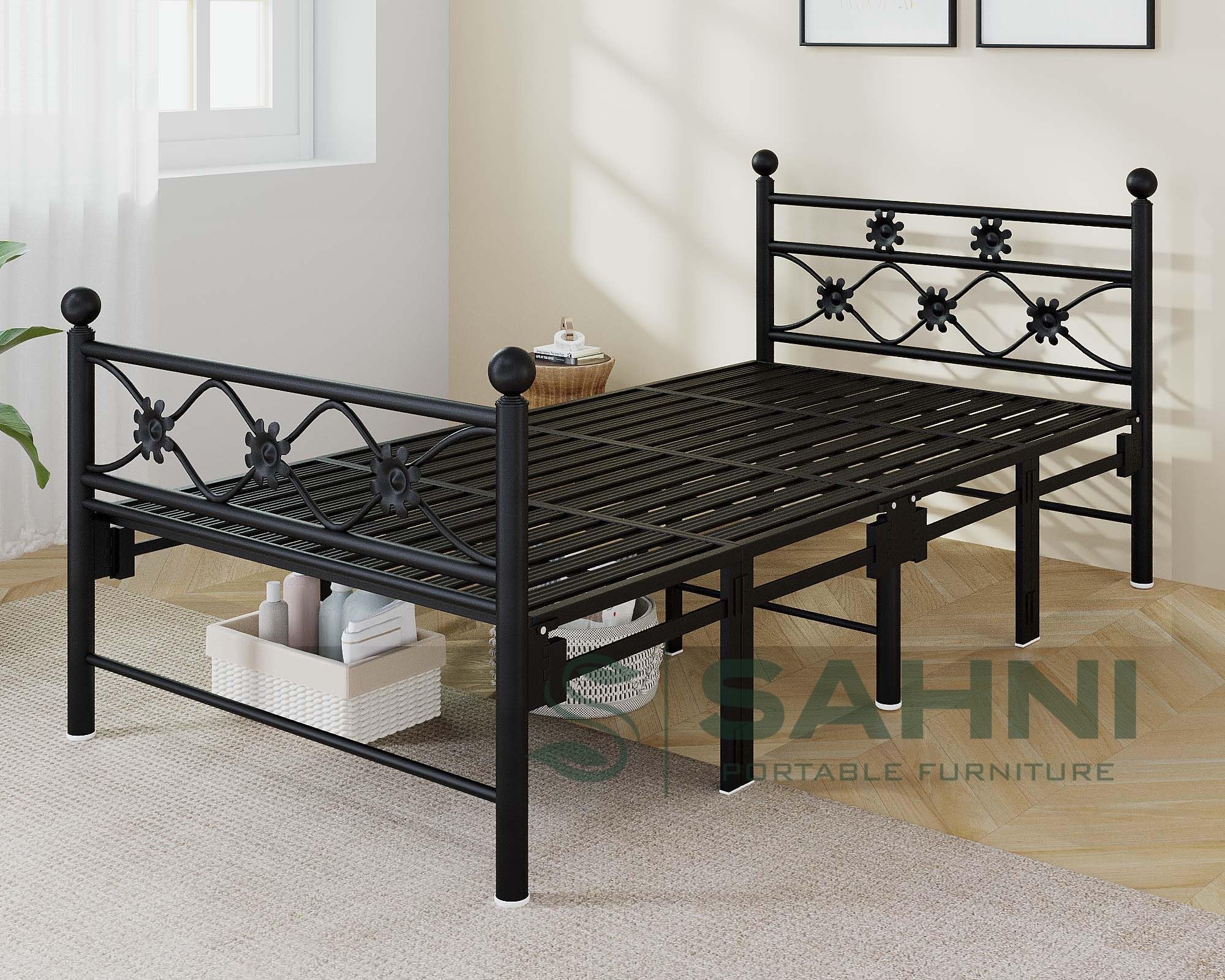 Modern Style Powder Coated Single Folding/Foldable Heavy Duty Metal/Iron/Steel Bed/Cot For Sleeping (6.25Ft X 3Ft) (Metal Slats)