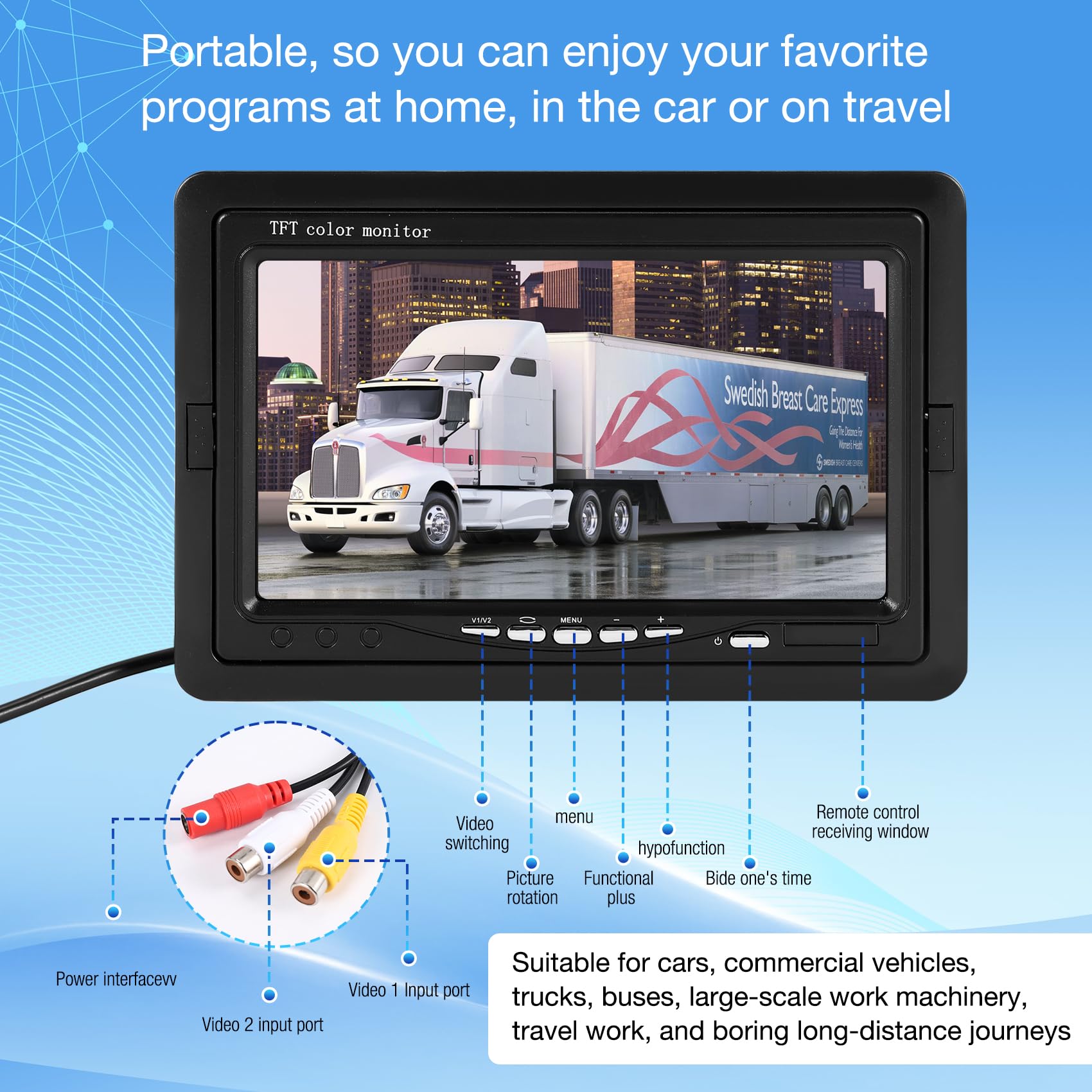 Mini TV 7" HD Moniteur 800 x 480 Portable Voiture LCD Écrans sur DVD/CMMB Deux Entrées pour Voitures Camions