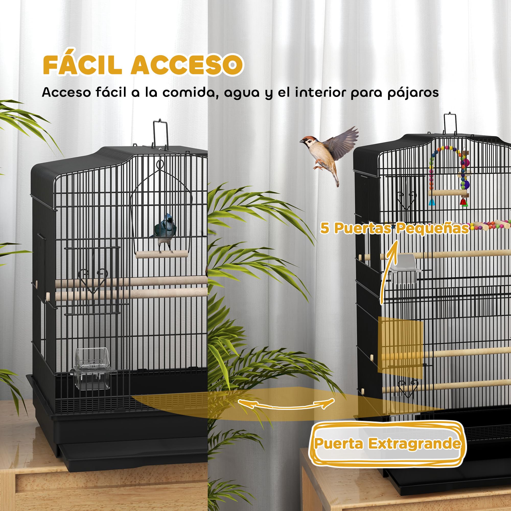 PawHut Jaula para Pájaros, Jaula de Acero para Pájaros con Puertas, 2 Comederos, 2 Perchas, Columpio, Bandeja Extraíble y Asa de Transporte, para Loro, Canario, Periquito, 46,5x36x59 cm, Negro