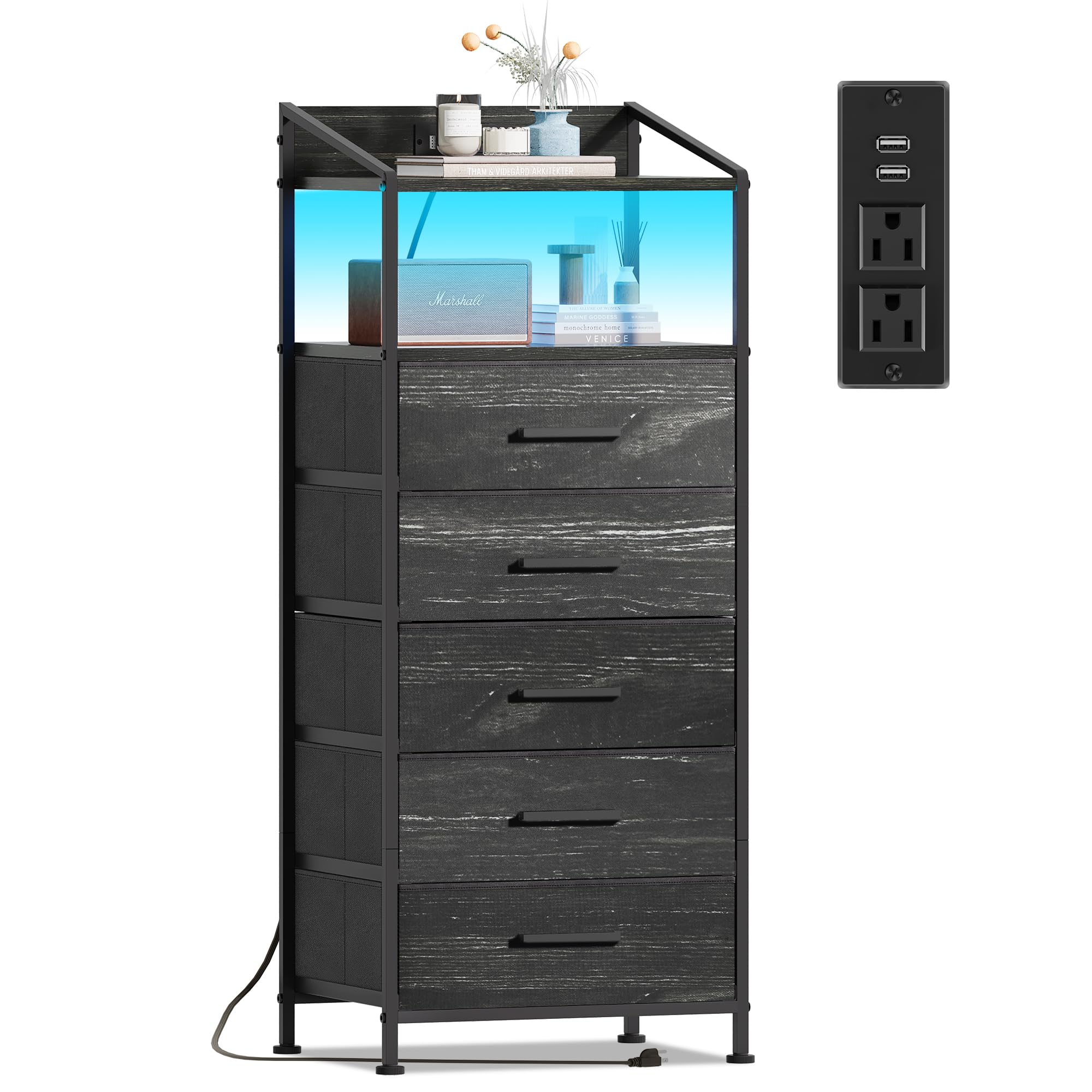 EKNKOZY Nightstand 5 Drawer Dresser with LED Lights and Charging Station, Vertical Side Table with Fabric Drawers, End Table with Open Shelf, Tall