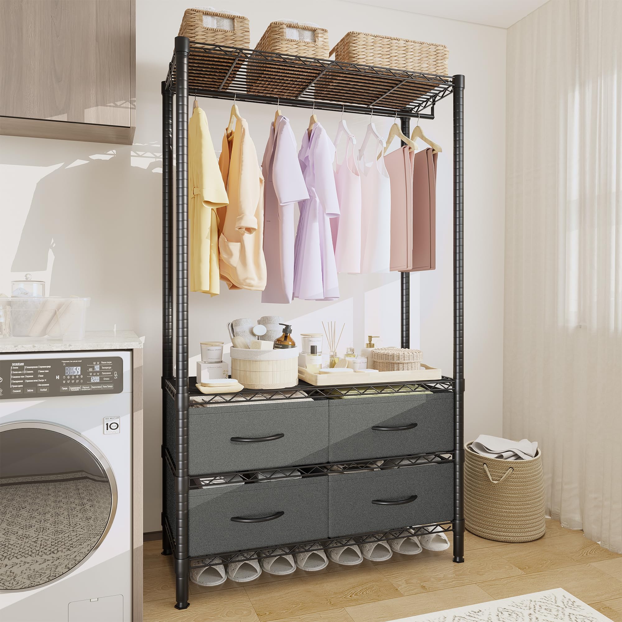 Garvee Kleiderständer mit 4 Schubladen, Schwerlast Garderobenständer Metall, Offener Kleiderschrank mit Kleiderstange & Verstellbaren Ablagen, DIY Kleiderregal für Schlafzimmer & Flur, Schwarz