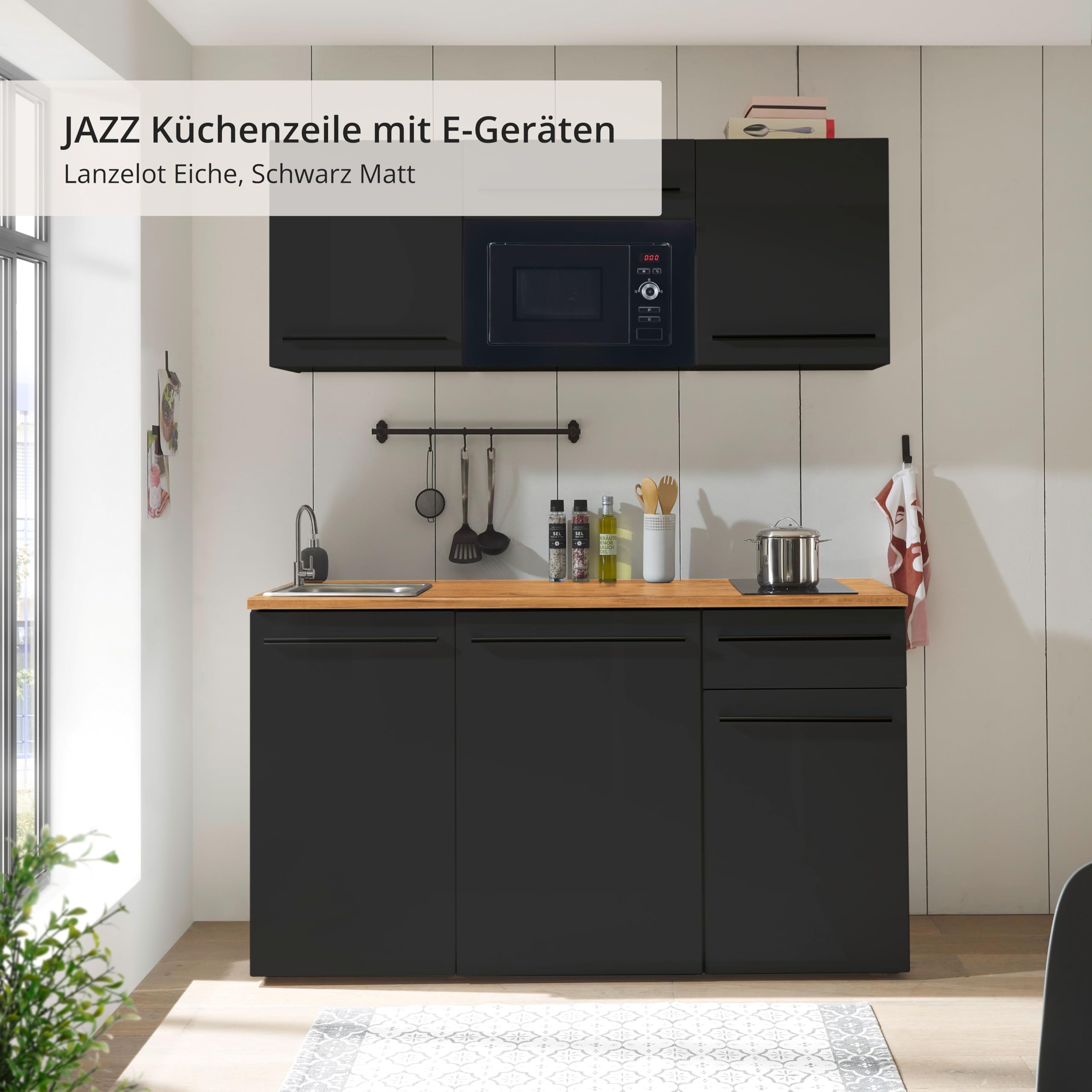 JAZZ Küchenzeile mit Elektrogeräten in Schwarz matt Lanzelot Eiche Optik