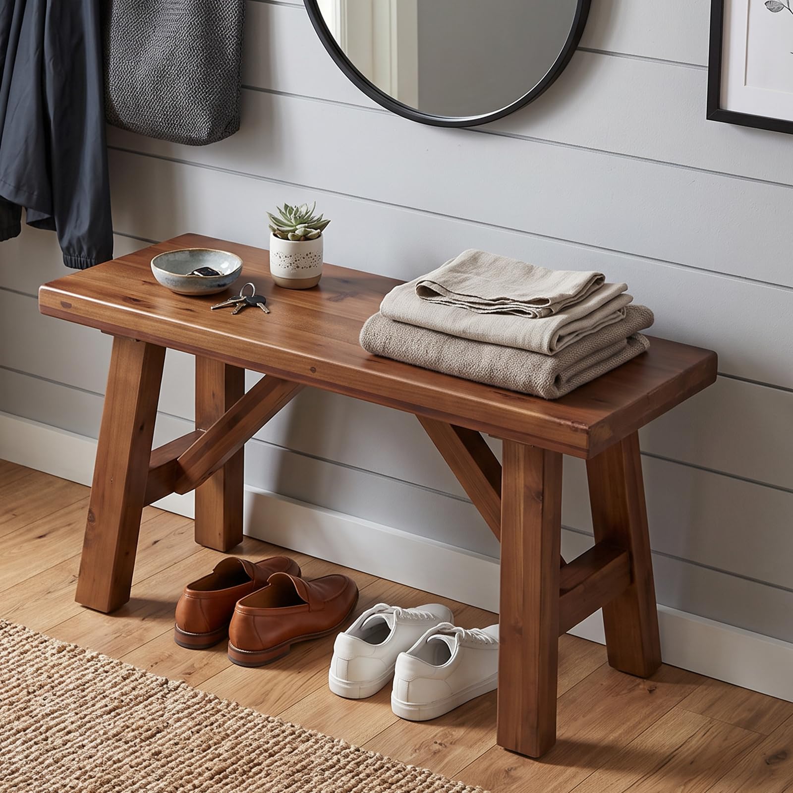 chairus Farmhouse Solid Wood Bench, 30" Entryway Bench Seat Rustic Narrow Dining Room Bench for Kitchen/Living Room/Bedroom/Entrance/Small Apartment, Walnut