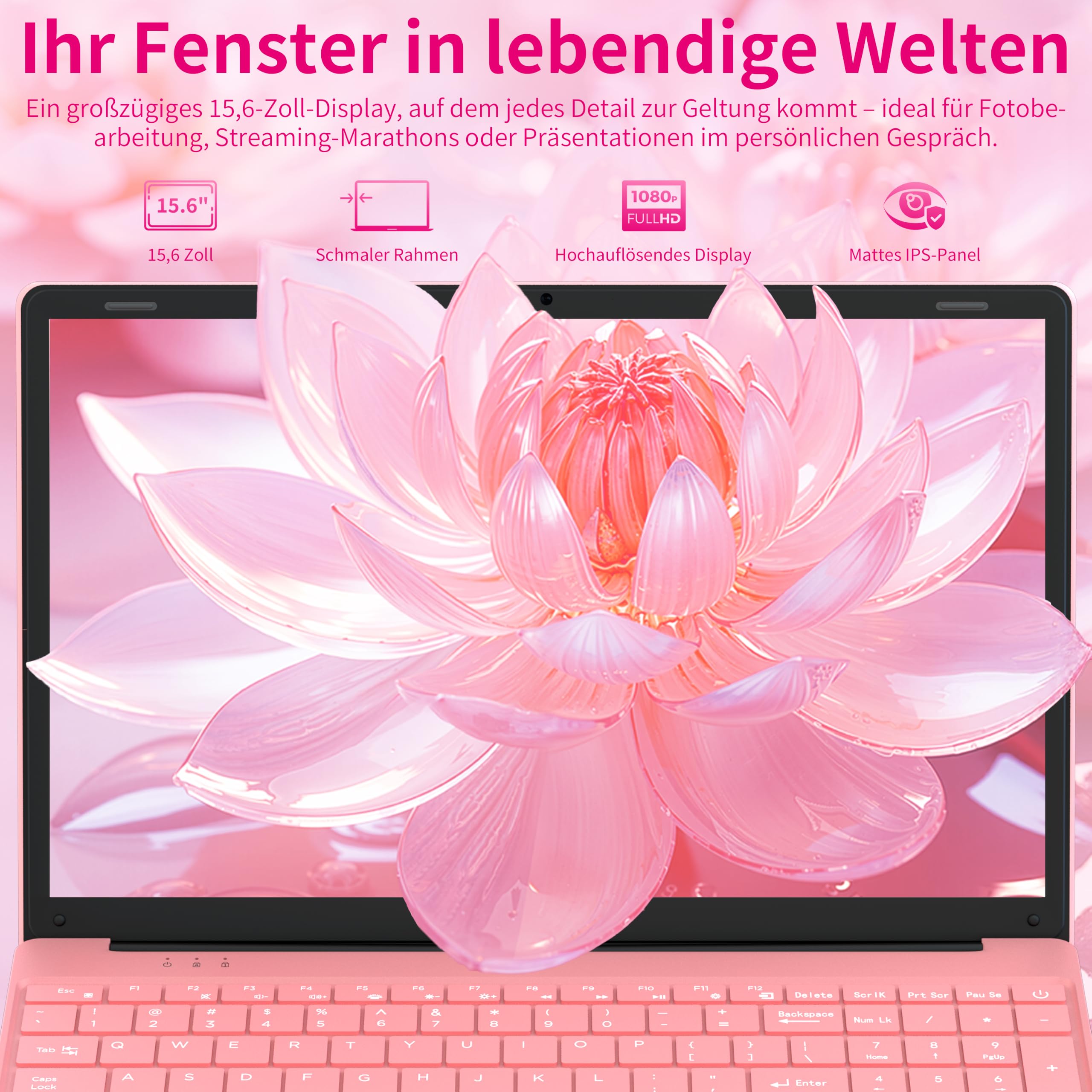 Amita Rosa Laptop 15,6 Zoll Full HD, 16 GB RAM, N95 Prozessor, Notebook mit beleuchteter Tastatur und Nummernblock, WiFi 5/BT 4.2, Mini HDMI (16GB RAM | 1TB SSD)