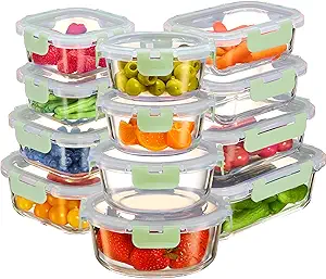 FineDine 24 Piece Glass Storage Containers with Lids - Airtight, Leak Proof, Dishwasher Safe, Glass Food Storage, Food Storage Containers, Meal Prep Containers, Green