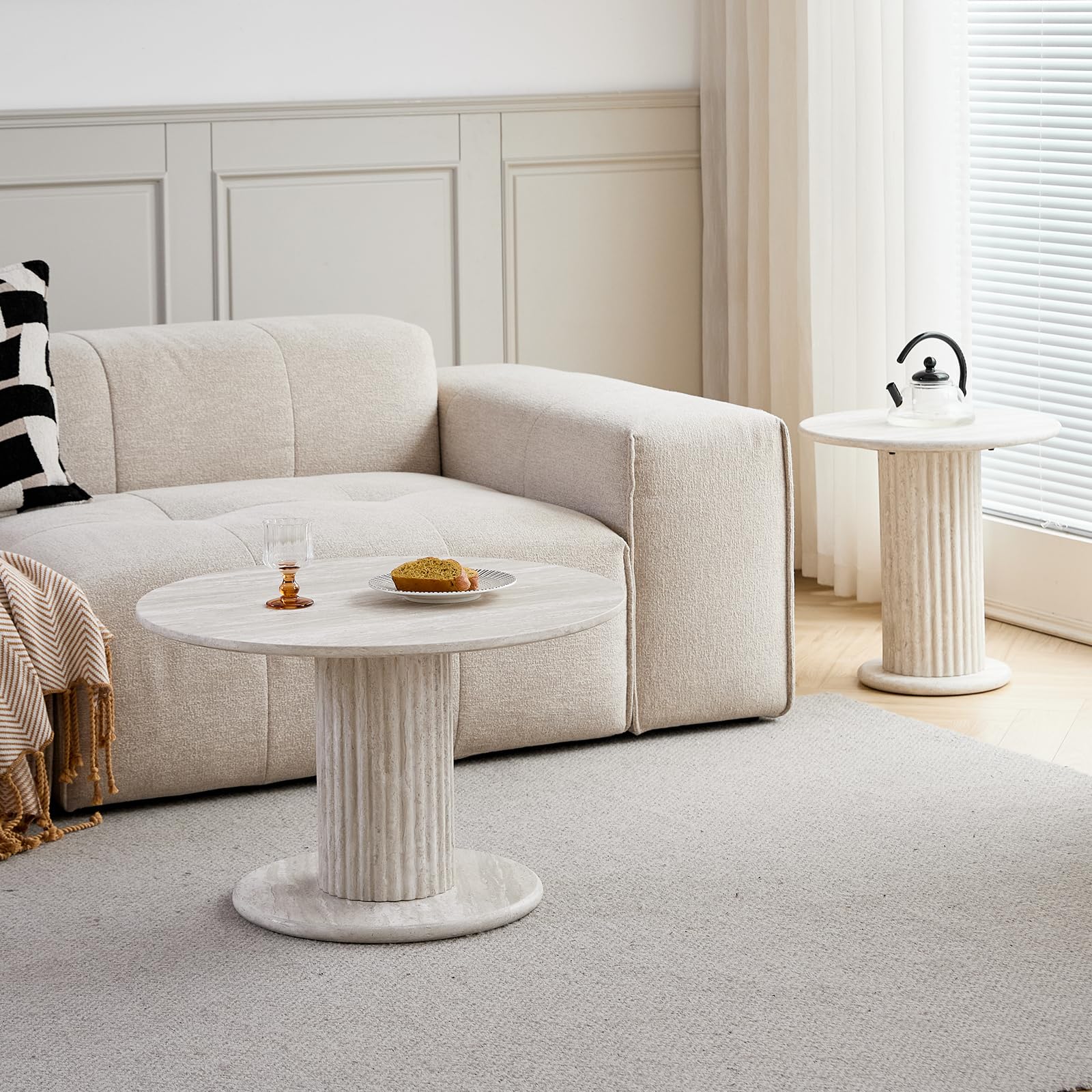 GrandCA HOME Set di 2 Tavolini Rotondi Impilabili con Gambe Cilindriche ed Effetto Travertino Grigio Finto, Tavolino da Caffè in Stile Minimalista Moderno per Soggiorno o Camera da Letto