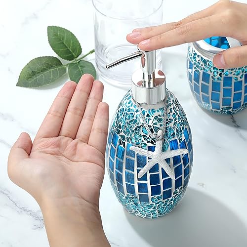 Miniatura 4 de Joeyan Juego de accesorios de baño de vidrio azul hecho a mano, juego de baño decorativo de mosaico, incluye dispensador de jabón, soporte para