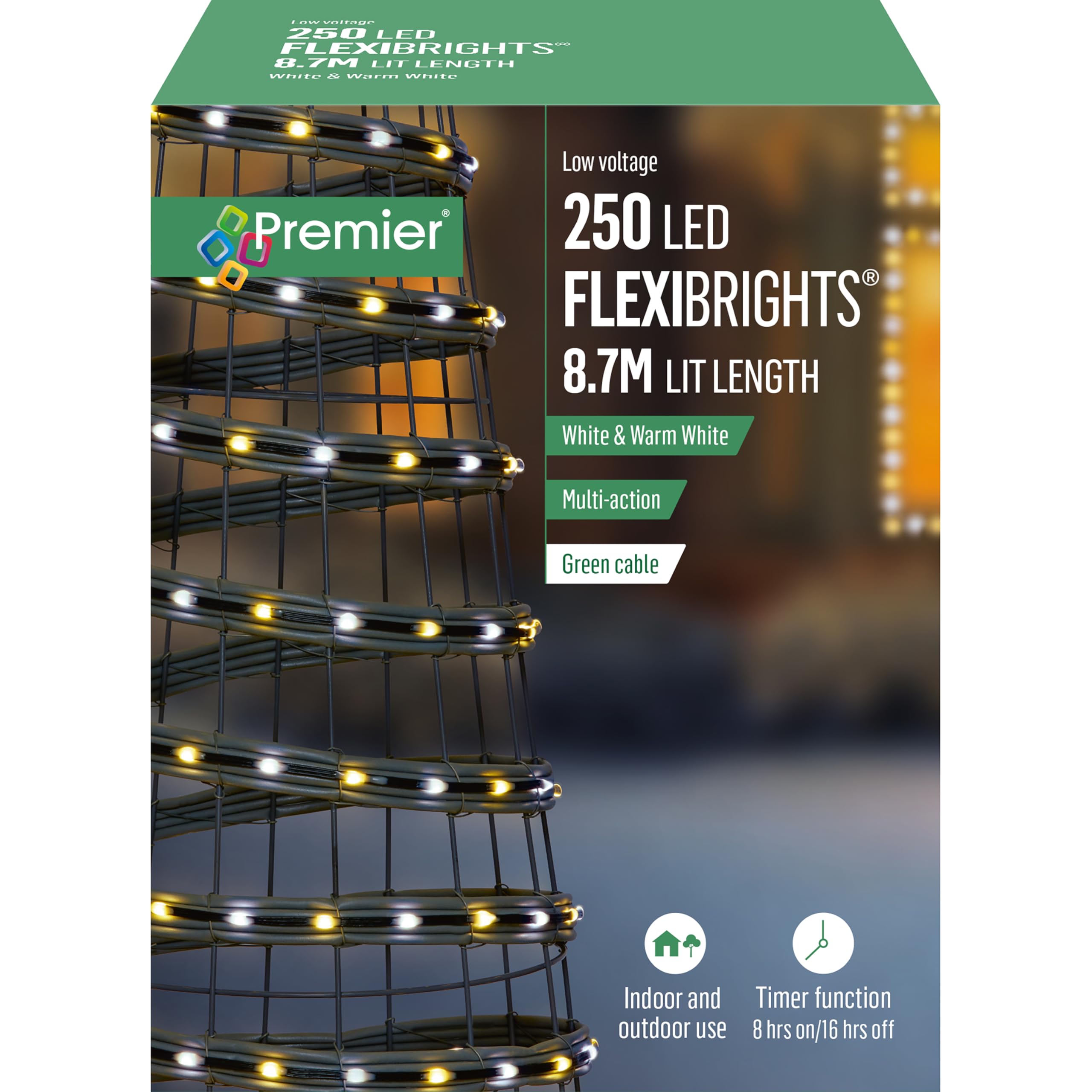 Premier 250 LED Flexibrights Lights, White & Warm White Multi Action with Green Cable, 8.7m Lit Length, Timer Function, Indoor/Outdoor Use