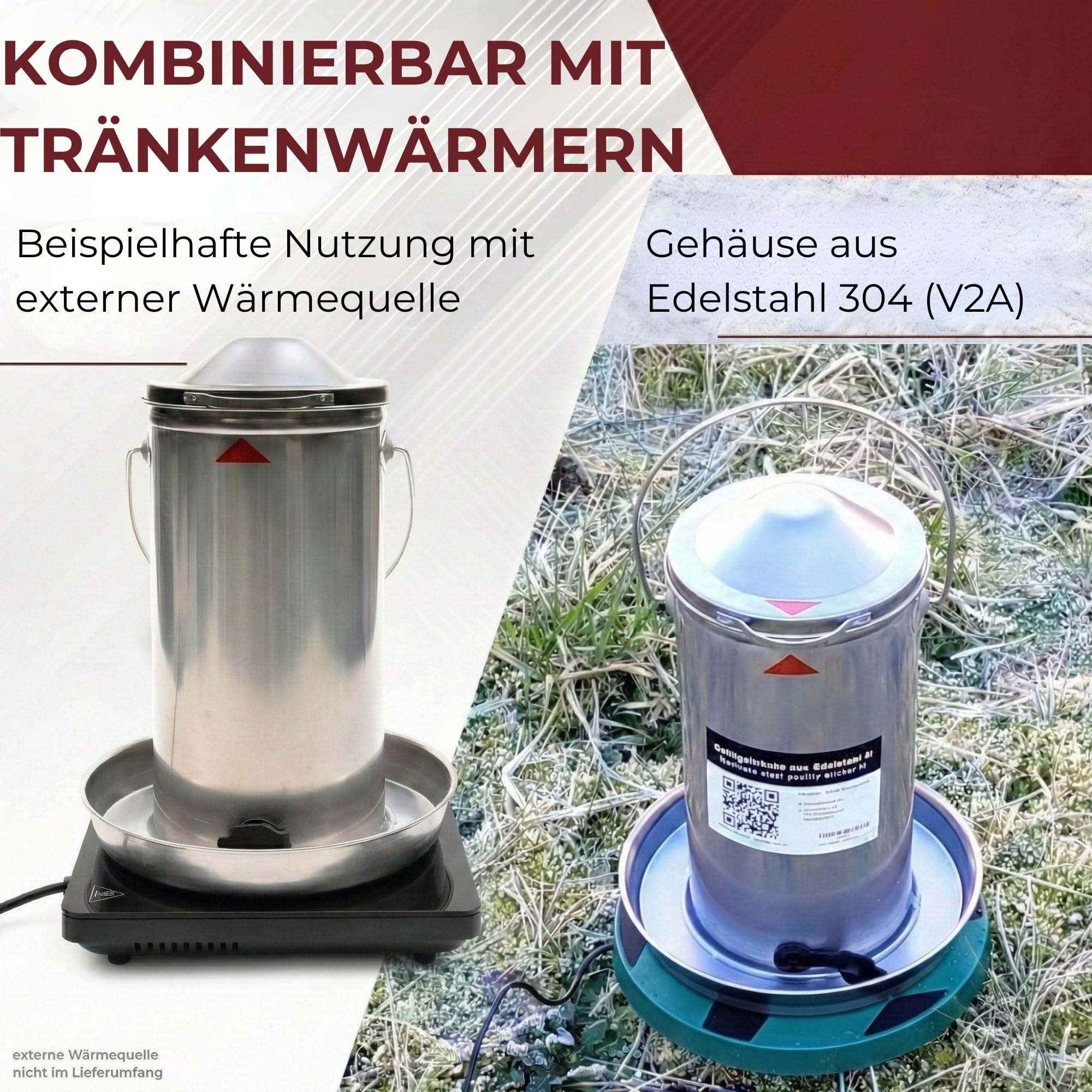 Descena Hühnertränke Edelstahl 4L – Geflügeltränke von Oben befüllbar | Rostfreier Edelstahl 304 (V2A), automatische Wasserregulierung, spülmaschinengeeignet, Tränkenwärmer-kompatibel