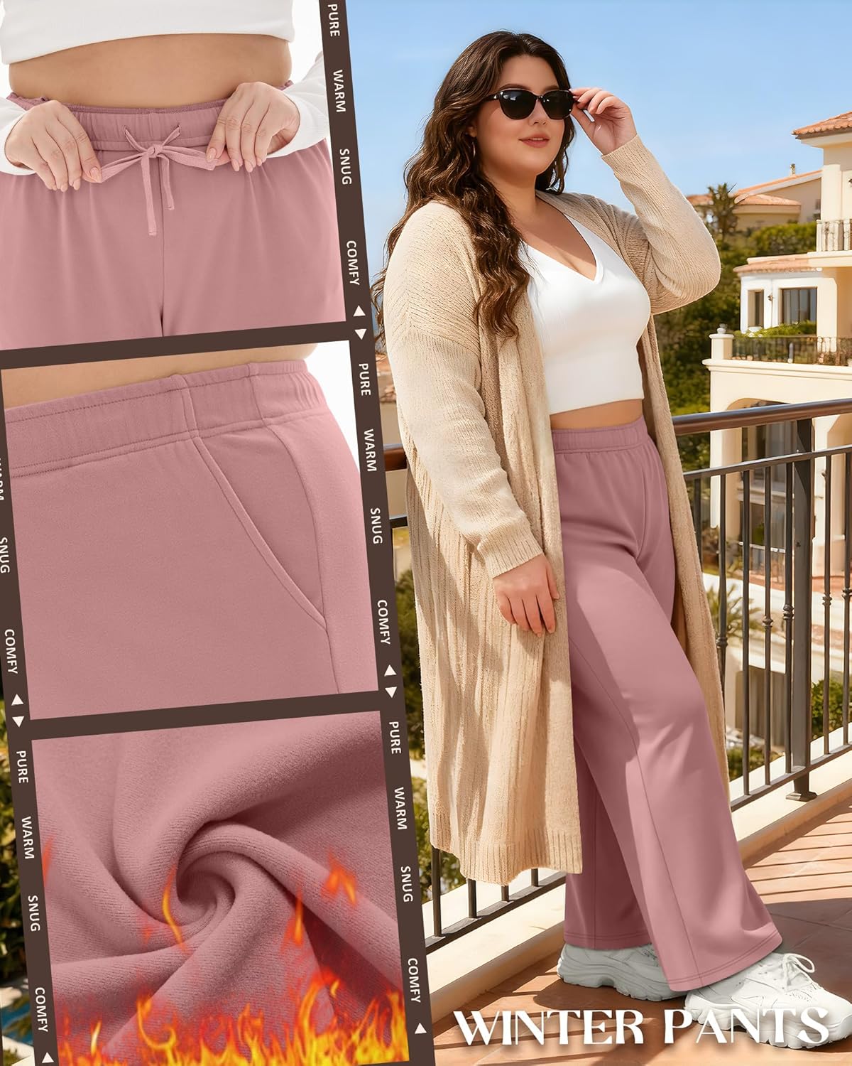 3 Pack Women's Fleece Plus Size Wide Leg Sweatpants Lined Baggy Pants Drawstring Casual Joggers with Pockets - Image 2