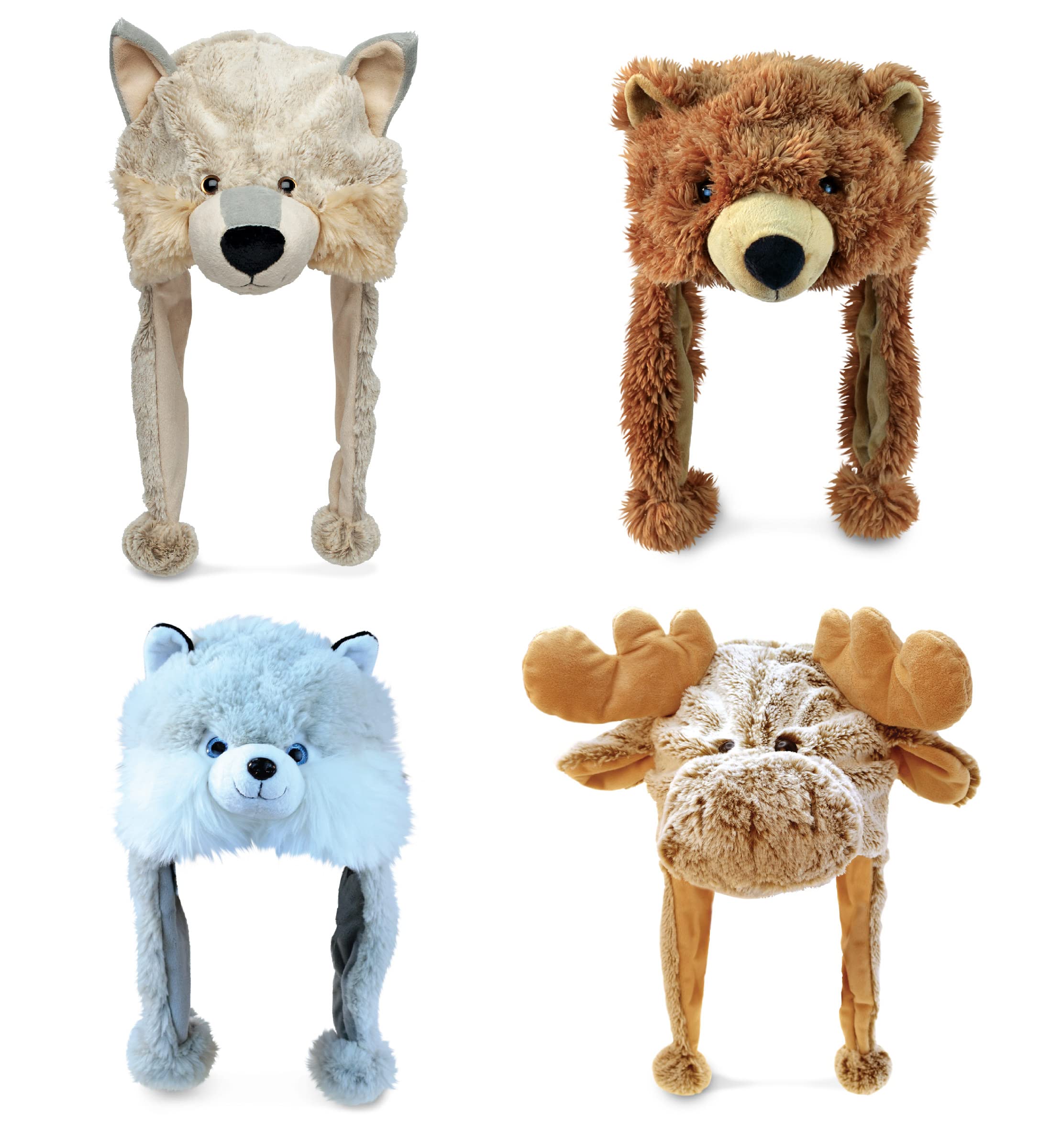 DolliBu Wild Plush Hats Set of 4 – Moose, Wolf, Grizzly Bear, and Husky Warm Hat with Ear Flaps, Plush Party Crazy Hat, Stuffed Animal Halloween Costume Toy Hats, Cozy Fleece Winter Hats – 1 Size