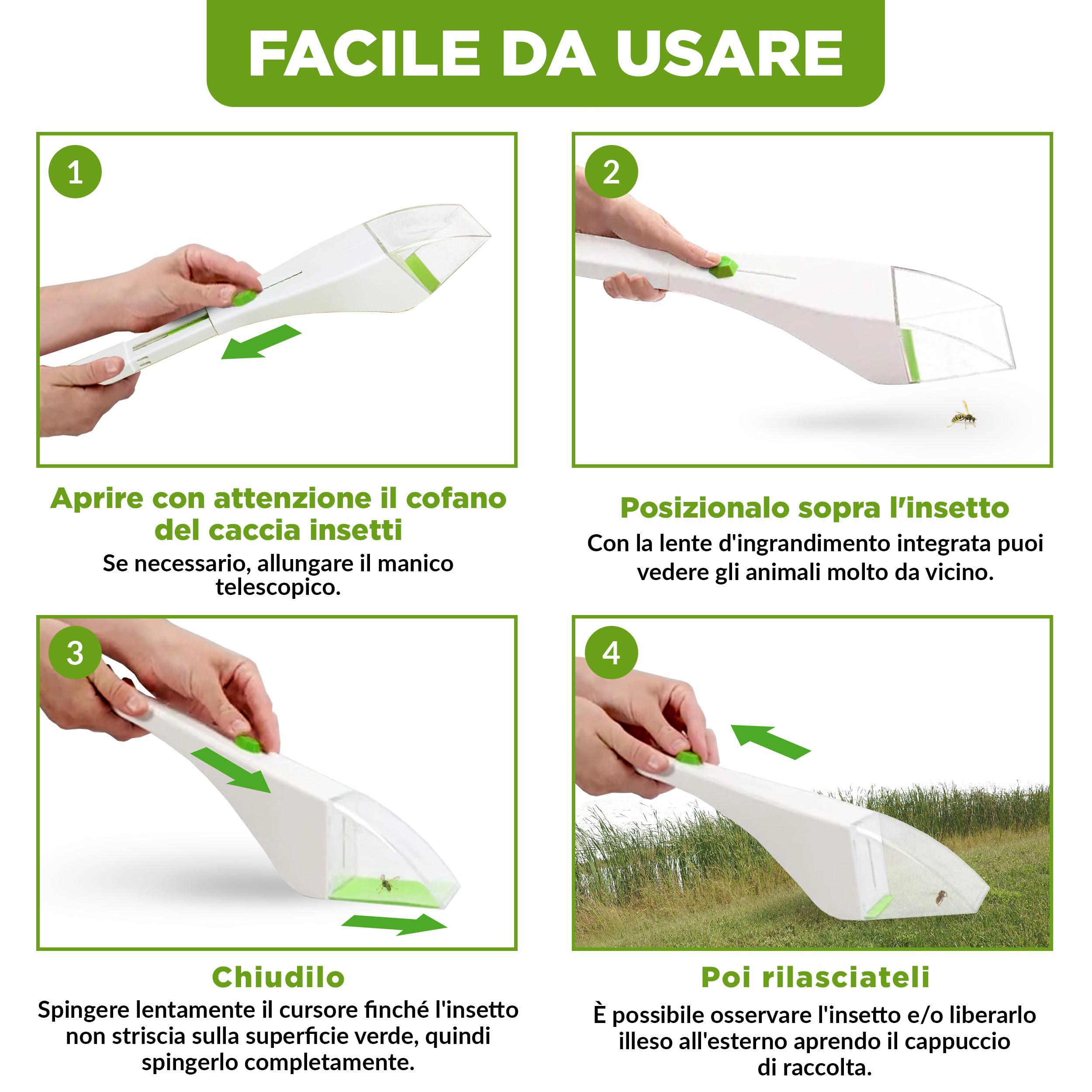 ISOTRONIC cattura insetti ragni manico telescopico ecologica lente ingrandimento visione ottimale casa giardino rimozione senza contatto 3 pezzo efficace sicuro interno esterno difesa cruelty free