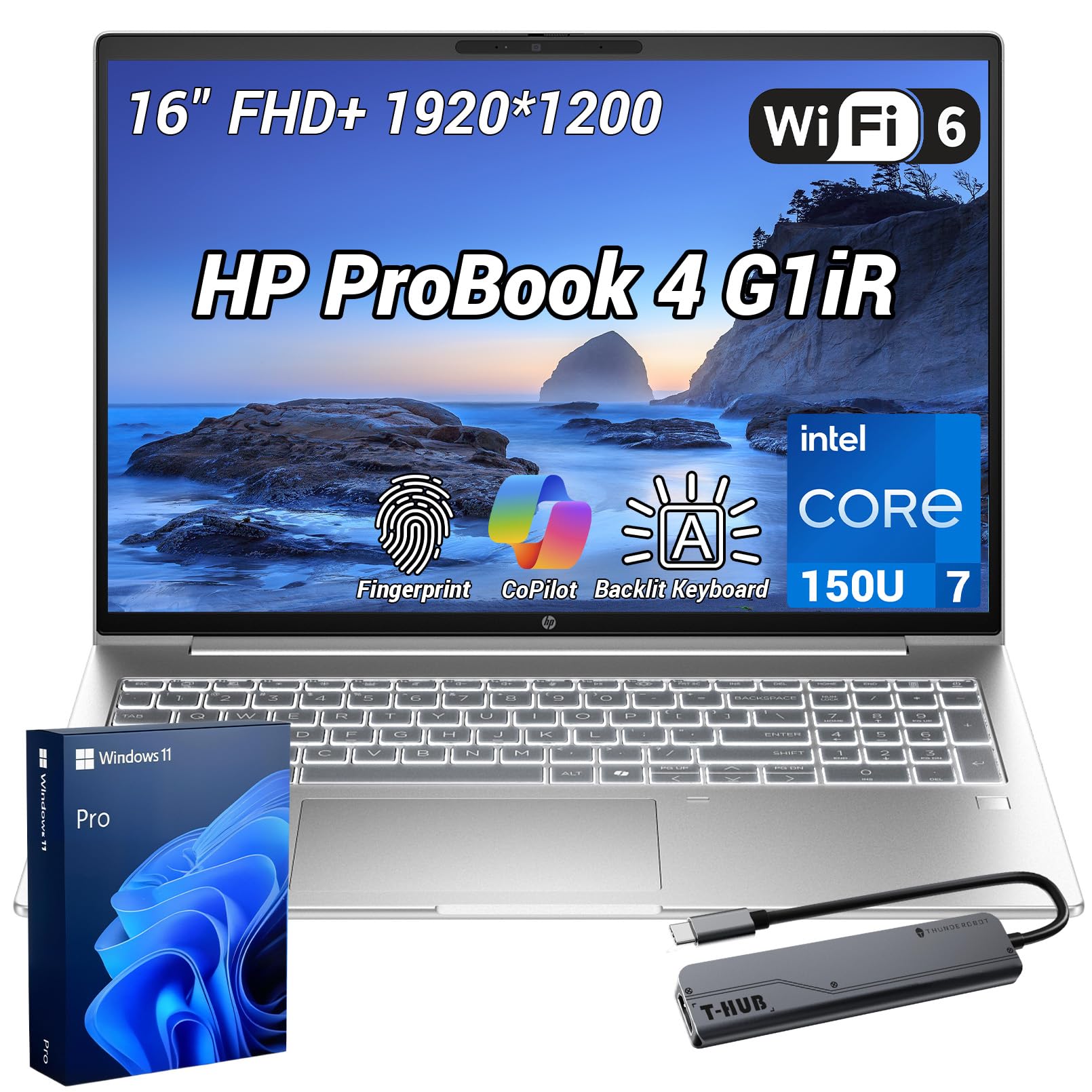 HP ProBook 4 G1iR Business AI Laptop, 16" FHD+ IPS Display, Intel Core 7 150U, 16GB DDR5, 512GB SSD, 1080p Webcam, HDMI, Long Battery Life, Wi-Fi 6, Windows 11 Pro, Bundle with 7-in-1 USB-C Hub Silver 16GB RAM | 512GB SSD