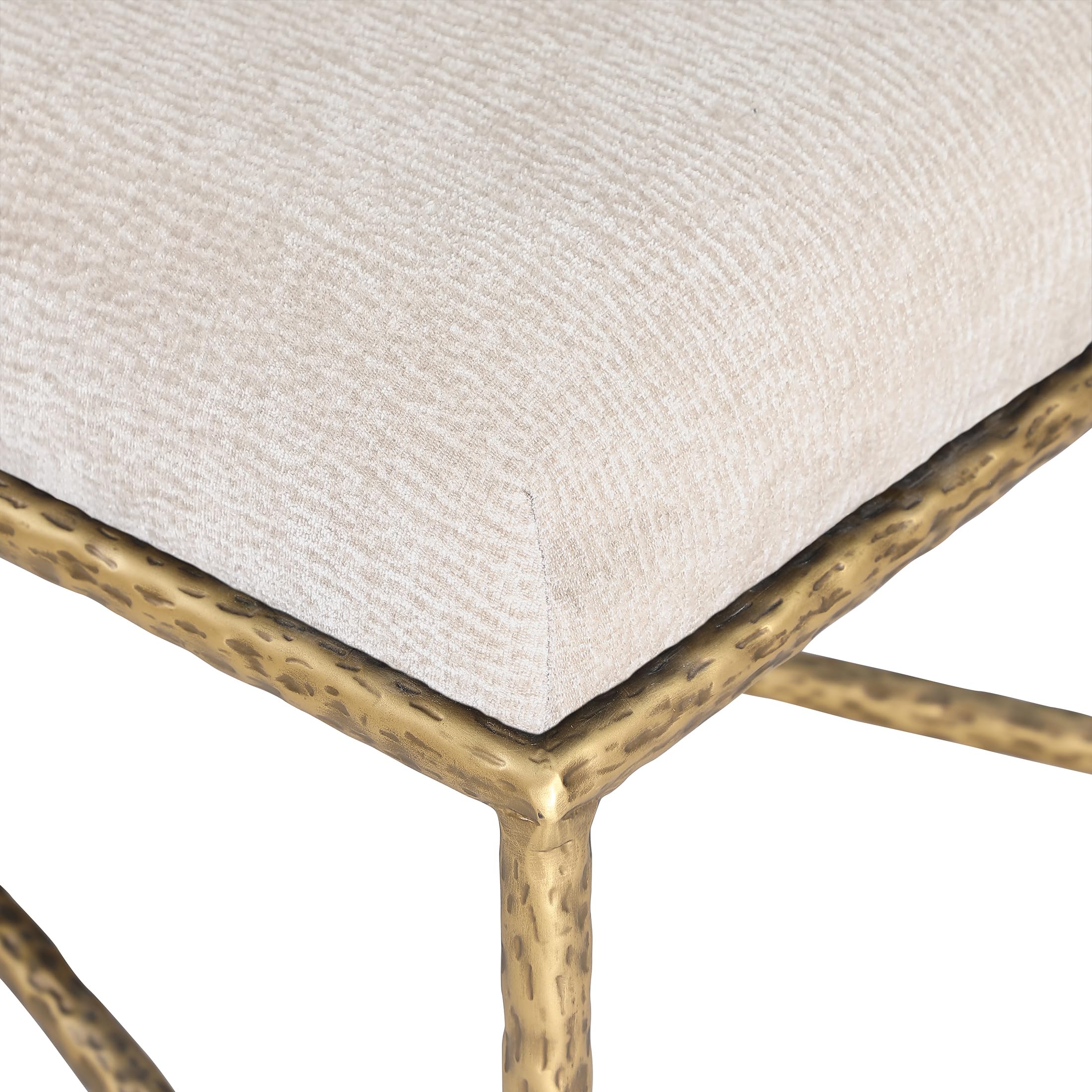 Condition photo showing New/Like New for Meridian Furniture 22064Beige Valley Collection Modern | Contemporary Bench with Soft Beige Chenille Fabric, Brushed Brass Forged Iron Metal Legs and Frame, 54" W x 18" D x 18" H, Beige