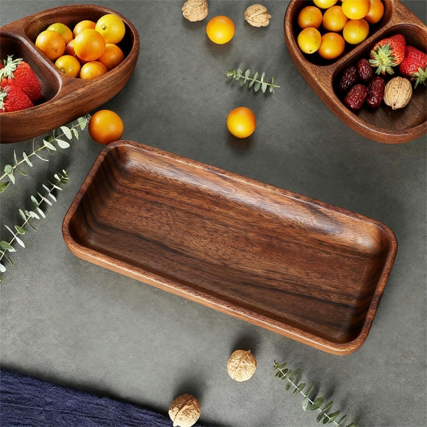 Ensaladera de Madera, Bandeja de Entrada, Bandeja Rústica para Servir Mesas de Comedor, Bodas, Cumpleaños, Frutas, Ensaladas y Aperitivos（Rectangular）