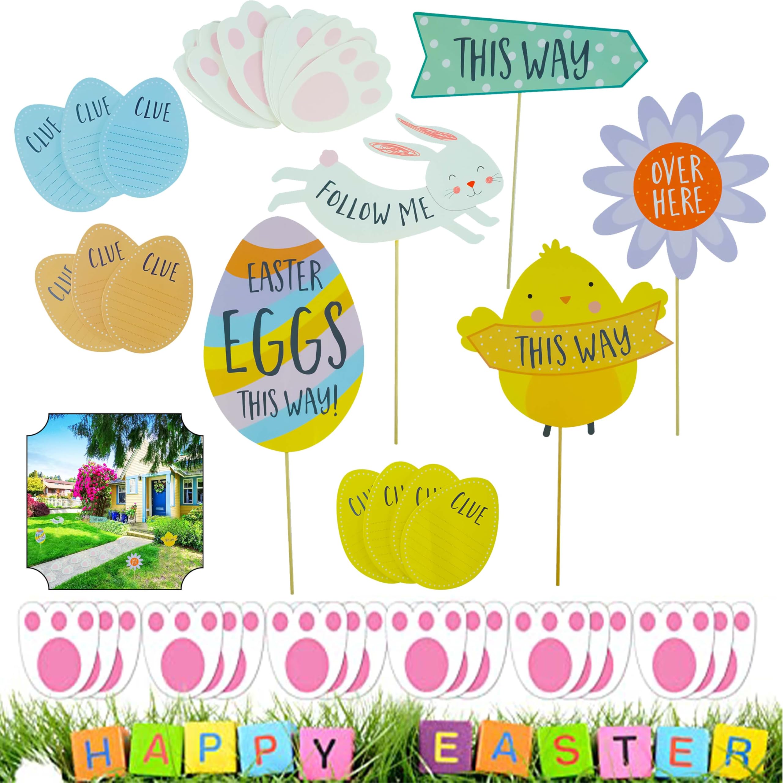 SRV Hub 65Pcs Easter Egg Hunt Arrow Signs, Easter Hunt Sign Directions for Kids Easter Garden Egg Game Arrows Directions for Easter Outdoor Egg Hunt Game Party Supplies