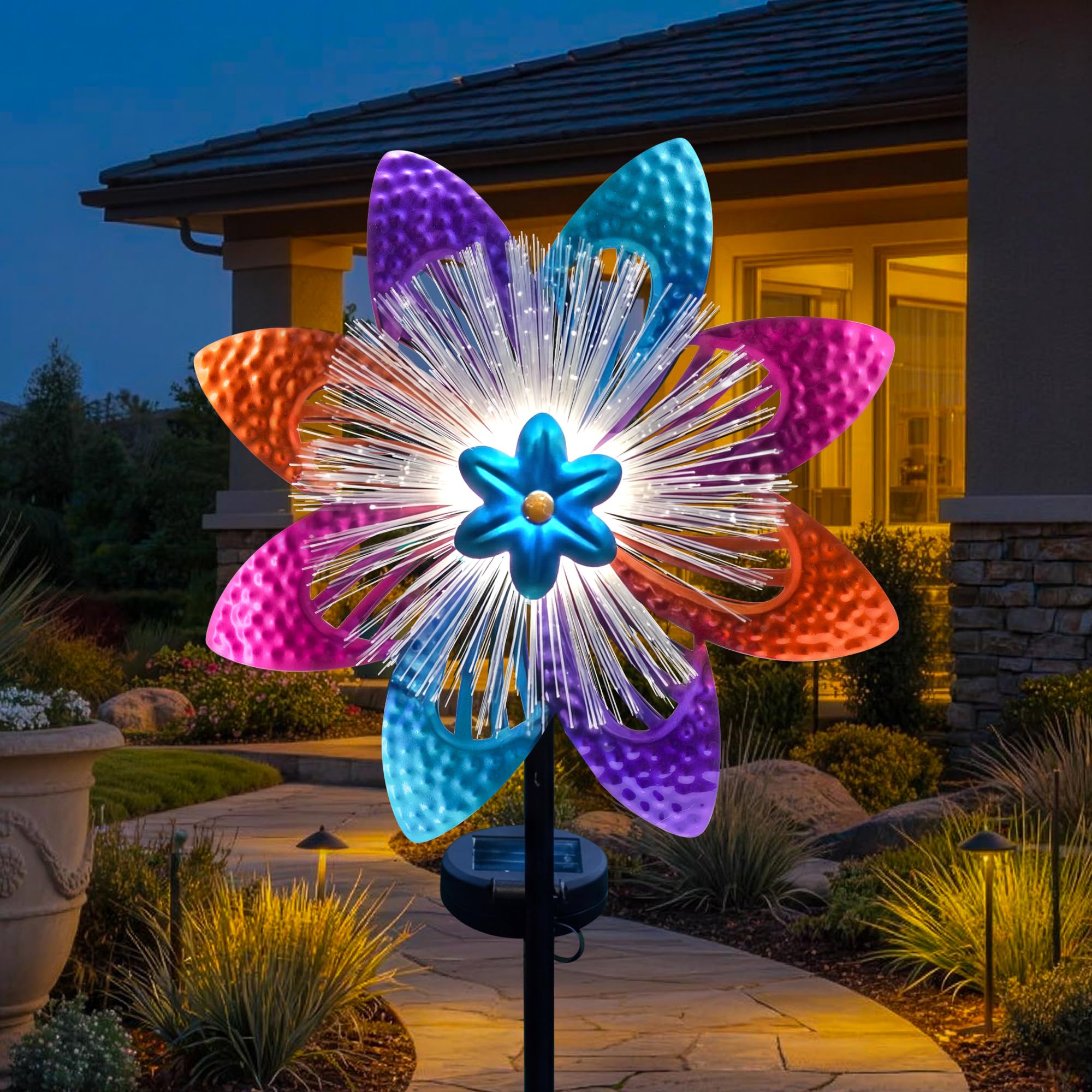 Molinillos de viento solares para exteriores, 42 x 9.5 pulgadas de alto, esculturas y molinillos de viento de metal, molinillos de viento giratorios de jardín para decoración de patio, decoración de