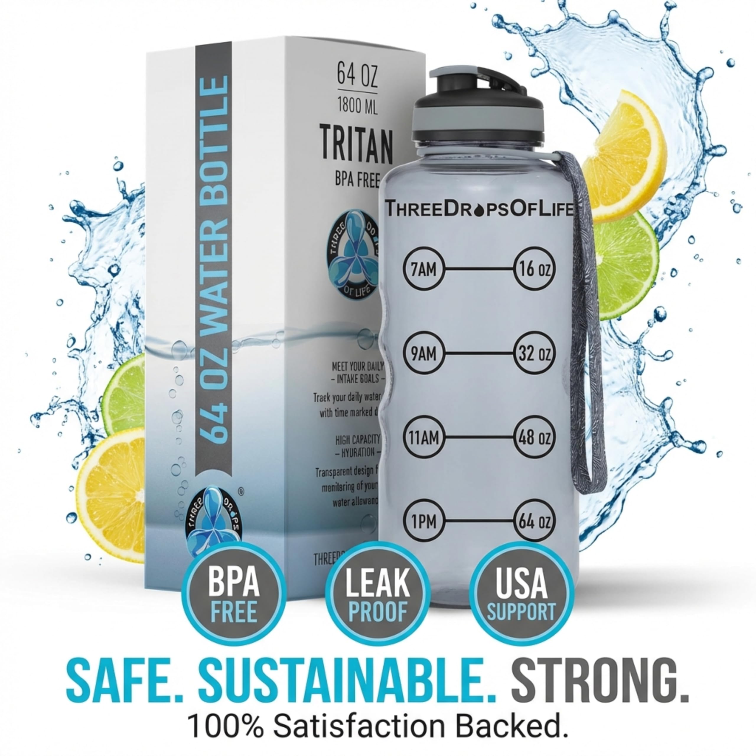 Three Drops of Life Drei Tropfen Wasserflasche, 1800 ml, große Sportwasserflasche, BPA-frei Auslaufsichere Sportwasserflasche, Time Tracker-Messung