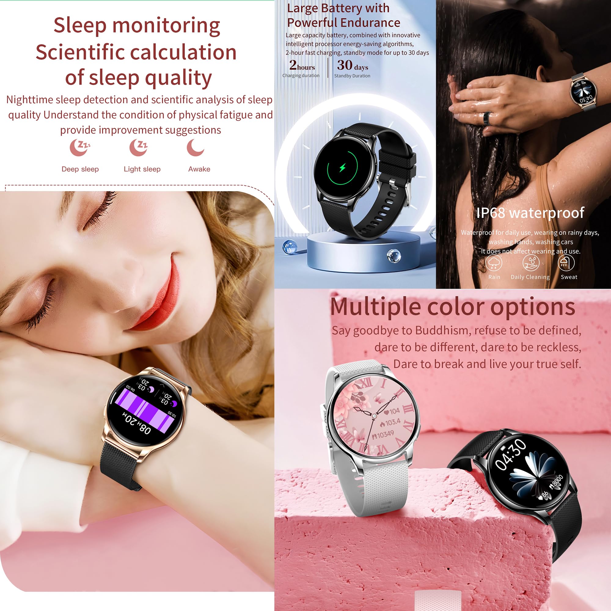 Smartwatche Kobiety z Funkcje Telefonu Bluetooth, Bateria 300 mAh, Sportowy Smartwatch 1,32" AMOLED ze 110+ trybami Sportowymi, Pomiarem Tętna, SpO2, Wodoodpornością dla Android iOS (Złoto)