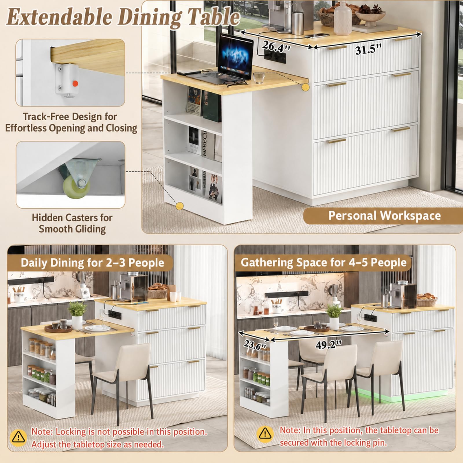 Isla de cocina con ruedas, mesa de comedor extensible, estantes ajustables, mesa de cocina con cajones, sirve como cocina y comedor (blanco)