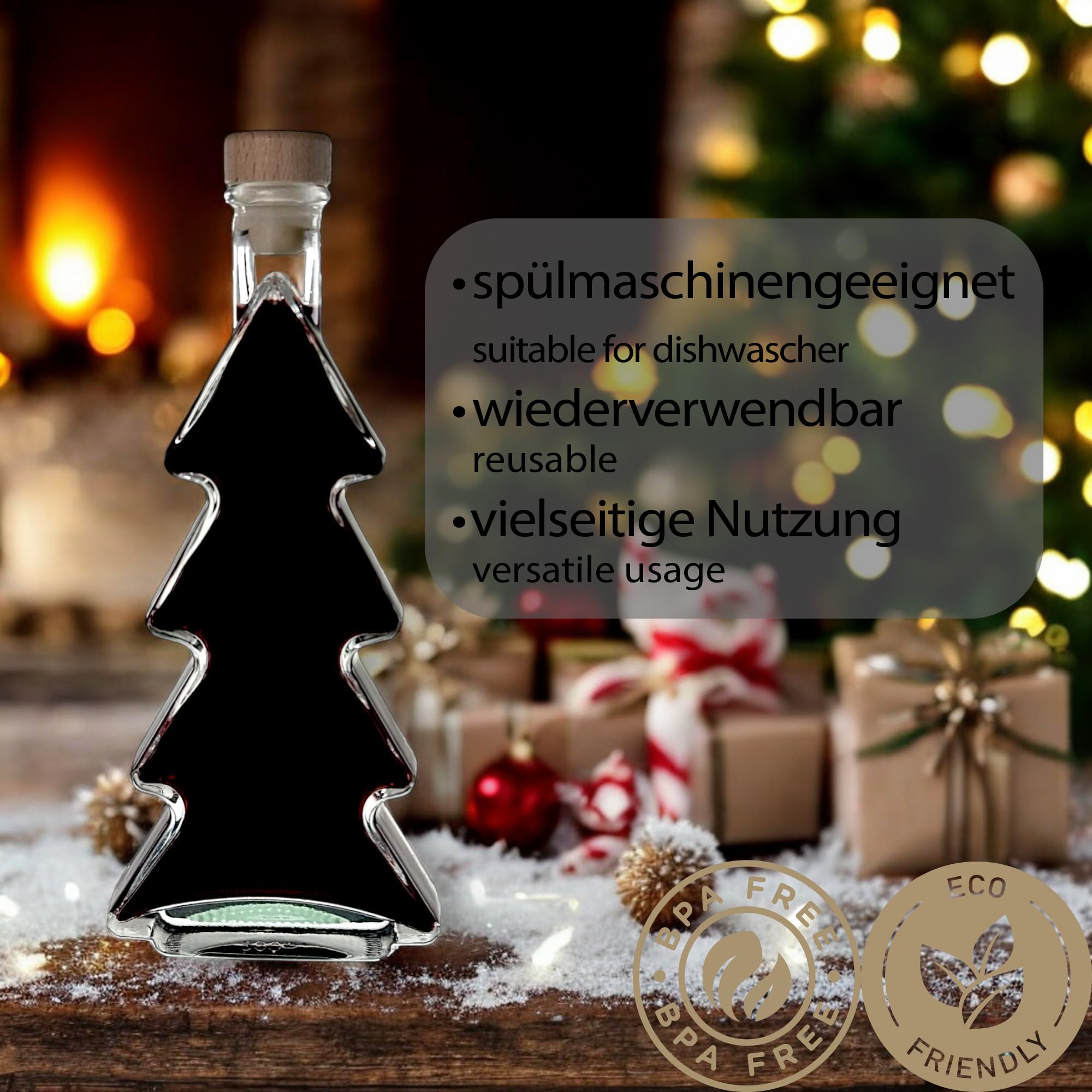 Gouveo – Set Di 6 Bottiglie Di Vetro Cubiche 250 Ml Con Incisione Ho Ho Ho E Tappo In Sughero. Bottiglie Vuote Per Natale, Ideali Per Liquori E Decorazioni. - 4
