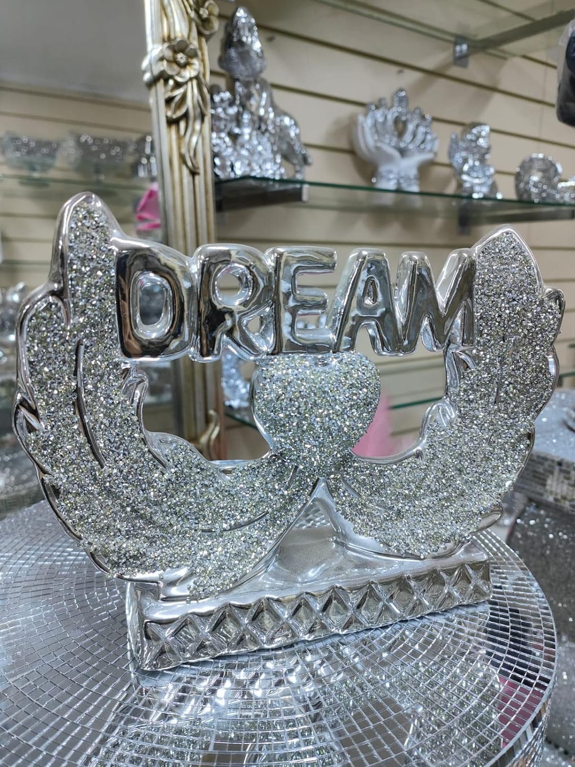 DEENZ Crushed Dream Heart Wings for Love Silver Ornament Figurine Bling Diamond Display Decor Gift