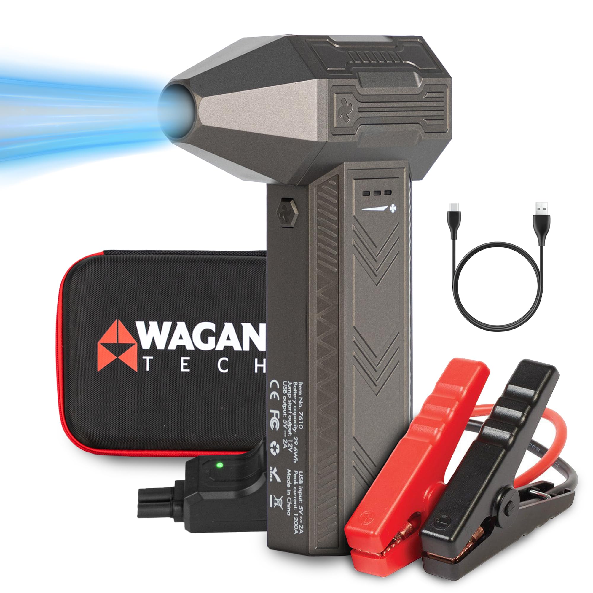 Wagan EL7610 iOnBoost V8 Jet 1200A Peak Jump Starter with Turbo Air Blower 12V Portable Lithium Car Battery Up to 4.0L V8 or 2.0L Diesel 95,000RPM Cordless Jet Blower Power Bank, for Car Home Use