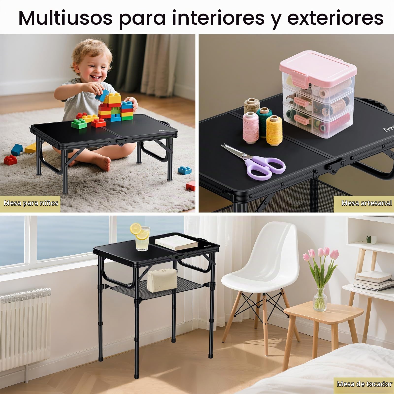 Anbte Mesa Plegable de Camping 58x40x26/48/67cm con Red de Almacenamiento | Mesa Plegable Aluminio de 3 Alturas Ajustables, Ligera y Portátil, para Camping, Pesca, Picnic, Playa,Exterior,Negro