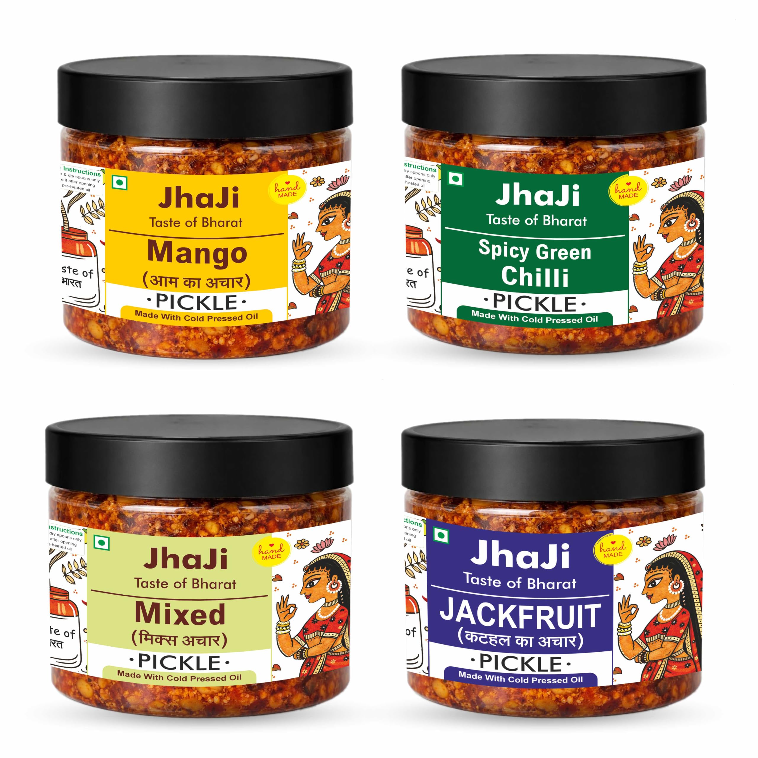JhaJi Store Handmade Pickles Combo Pack (4 Flavours) 4x300G | Mango, Spicy Green Chilli, Mixed and Kathal Achar | Homemade Traditional Indian Pickle | Jackfruit | Spicy Green Chilli | Less Oil Dry Stuffed Mango home made Pickle in fresh | Aam Ka Achaar made with Organic Methods & Preservative free-image-38