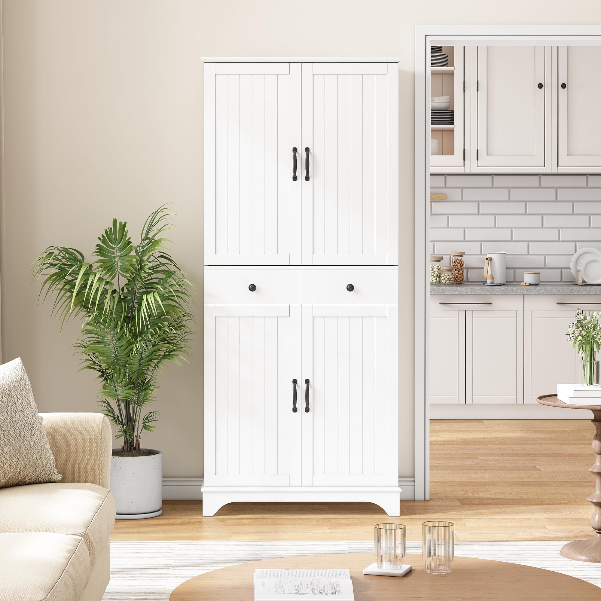 Armario alto con estantes ajustables y cajones, estantería con estantes extensibles y puertas de frigorífico, ideal para comedor, salón y cocina (color blanco)