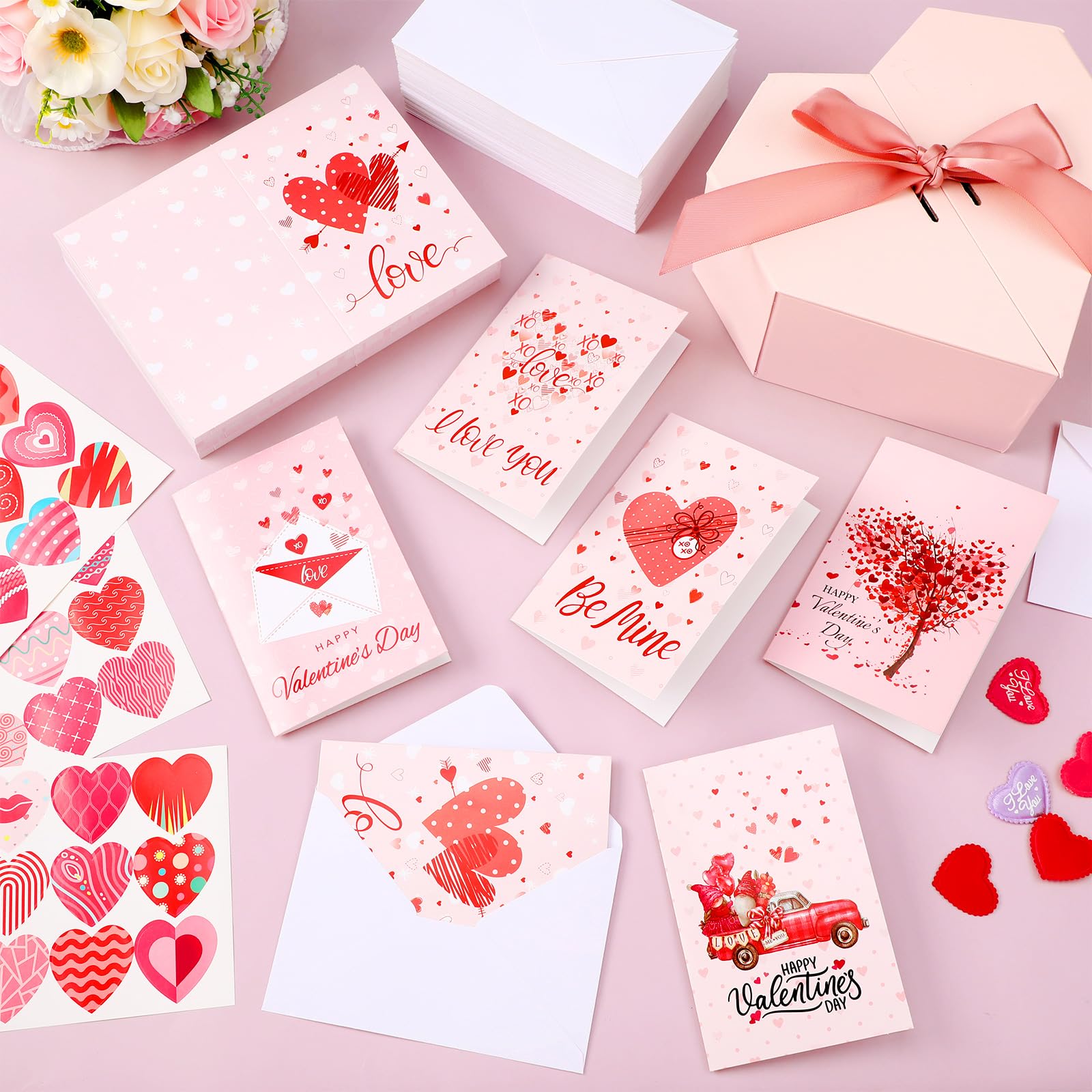 Gueevin 150 Pcs Valentine's Day Cards with 150 Pcs Envelopes 16 Sheets Stickers for Hearts Day Sweet Love Heart Kiss Note Cards Blank Valentine Gift Cards for Birthday Anniversary(Heart)