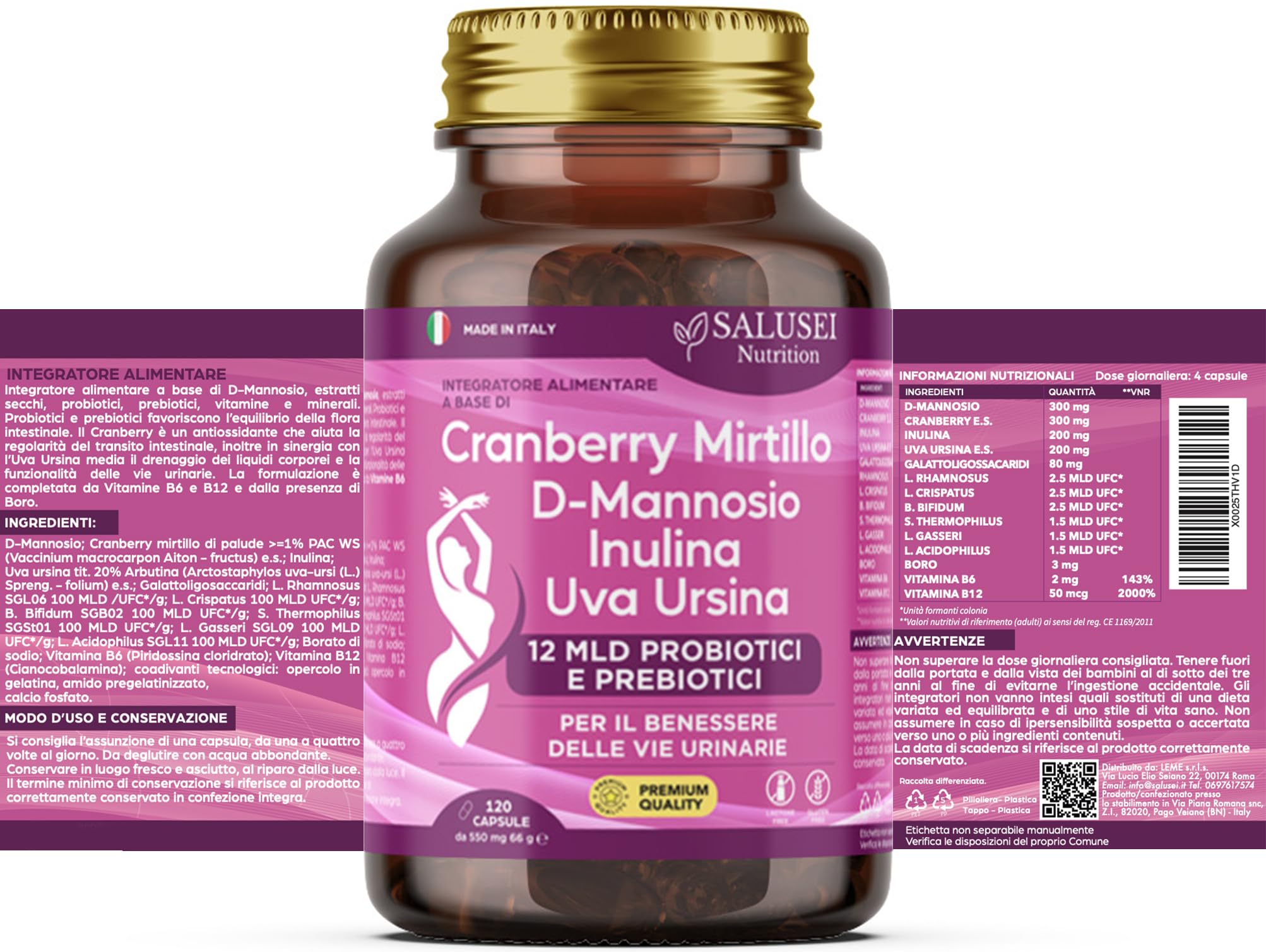 120 CAPSULE | D Mannosio per Cistite, Probiotici Donna, Cranberry Cyst Integratore Alimentare con Uva Ursina, Inulina e Mirtillo Rosso per Salute Viee Urinarie, Candida Support, D-Mannosio