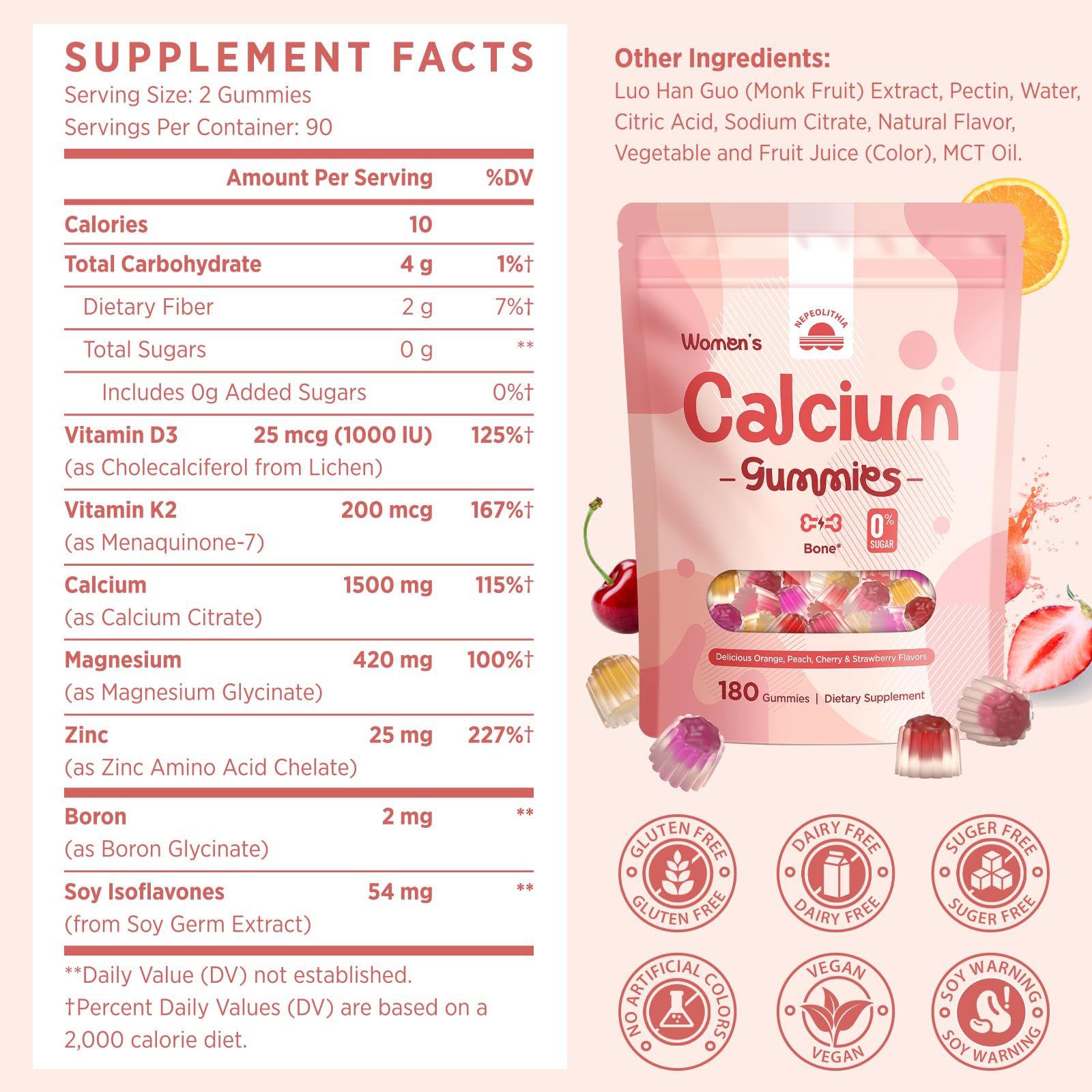 Calcium Gummies for Women with Vitamin D3, K2, Magnesium, Zinc – 180 Count — Amazon image 6
