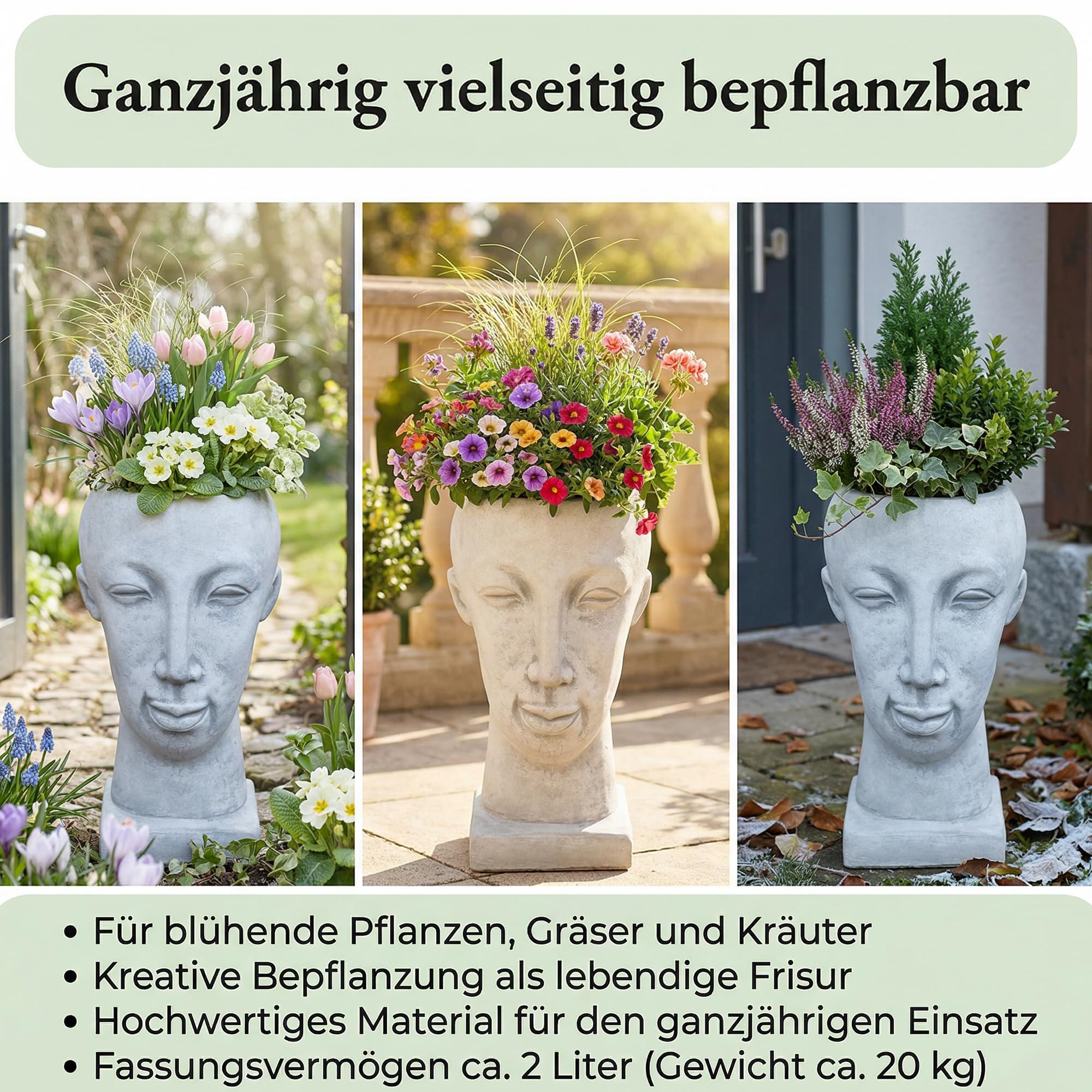 gartendekoparadies.de Blumentopf in Kopfform mit Gesicht, Pflanzgefäß aus Steinguss (Weißbeton), H 41 cm, Grau, frostbeständig bis -30°C, 2 l Volumen, 20 kg, Gartendeko für draußen
