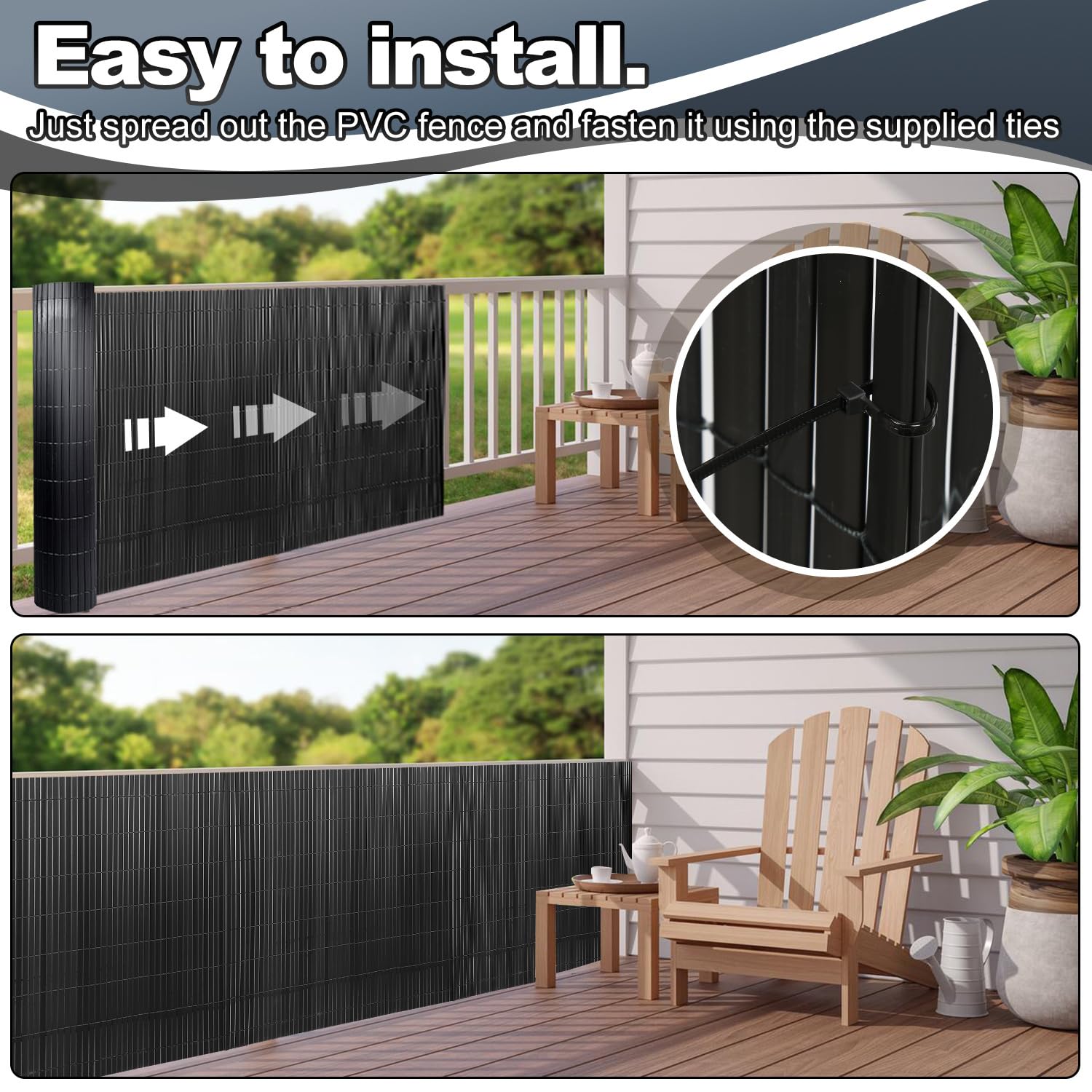 PVC Sichtschutzmatte, 90x500cm, Sichtschutzzaun Dreifache Verstärkung, Balkon Sichtschutz mit Kabelbindern, Windschutz Wetterfest, UV-beständig, ohne Bohren für Balkon Garten, Anthrazit