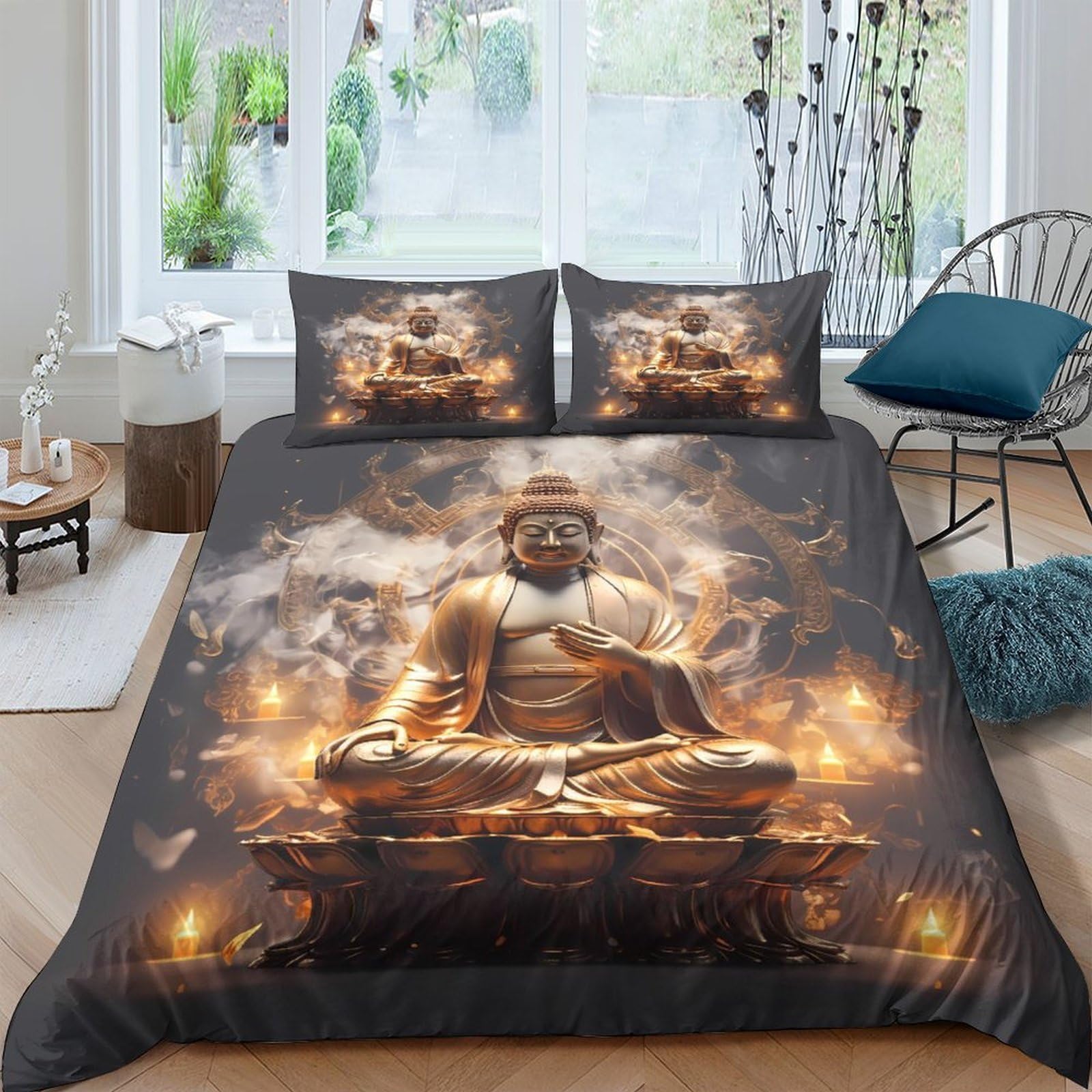 Ctjqhvkz Style-3 3D Printed Buddha Meditation Fitted Sheet Microfiber Soft Breathable Fire Lotus Bed Cover For Bedroom Guest Room Decor Single（135X200cm）