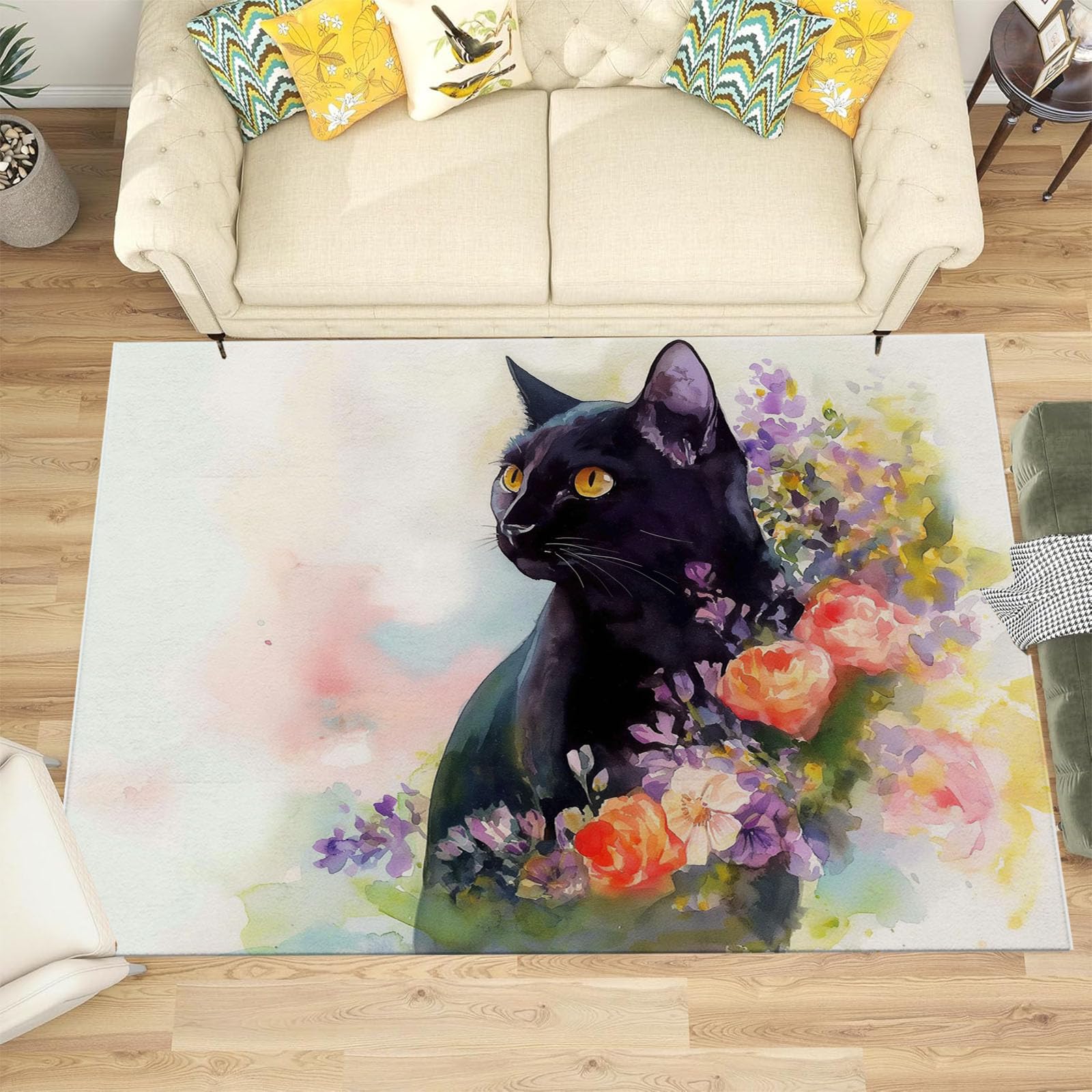 Tapis chat noir poil ras doux et confortable de 90x150cm pour intérieur et extérieur