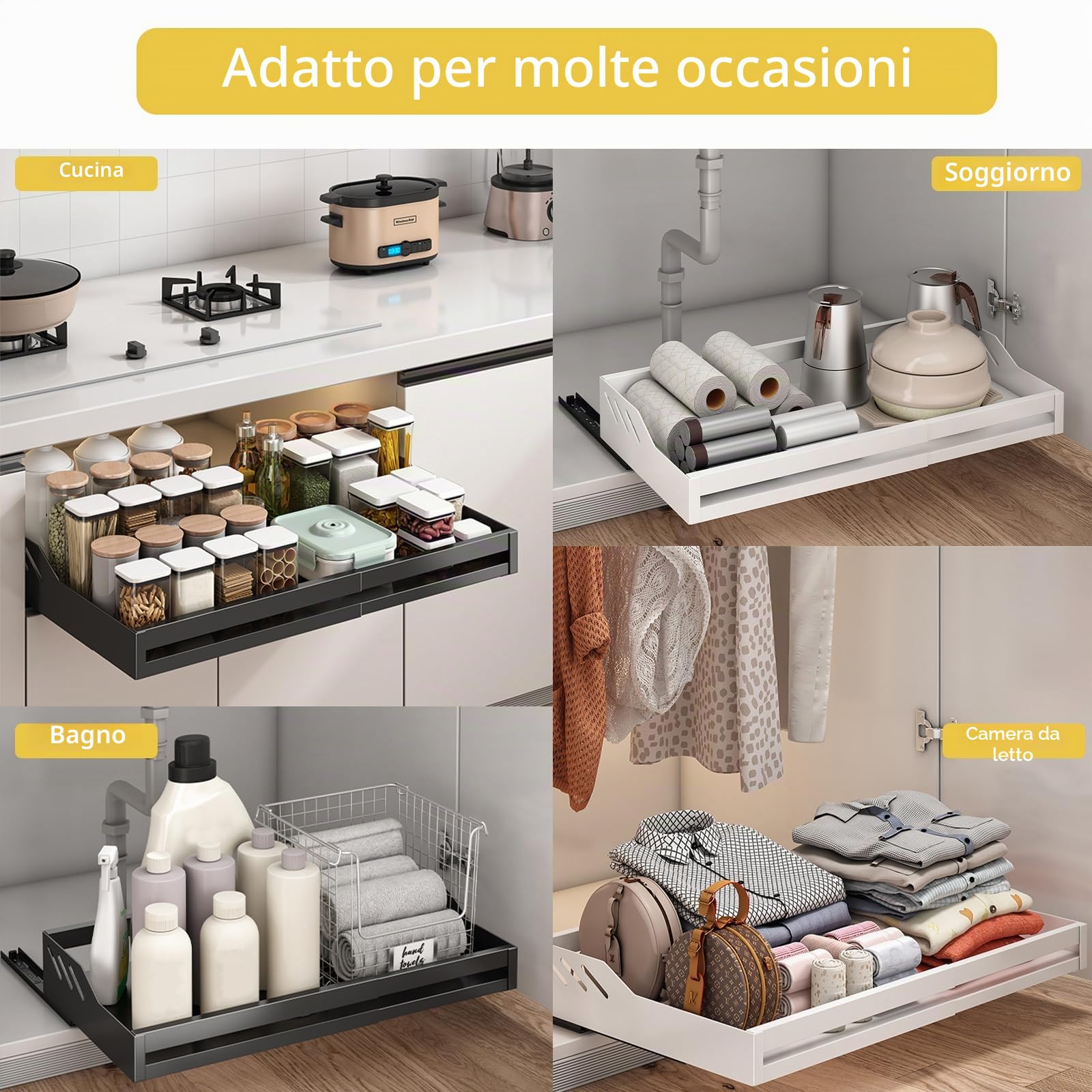 Yawinhe Cassetto Telescopico, 39-60cm Organizer Estraibili Regolabili in Larghezza, Installazione Senza Foratura né Chiodi, con Pellicola Adesiva, 39-60x32x10.6cm, Bianc