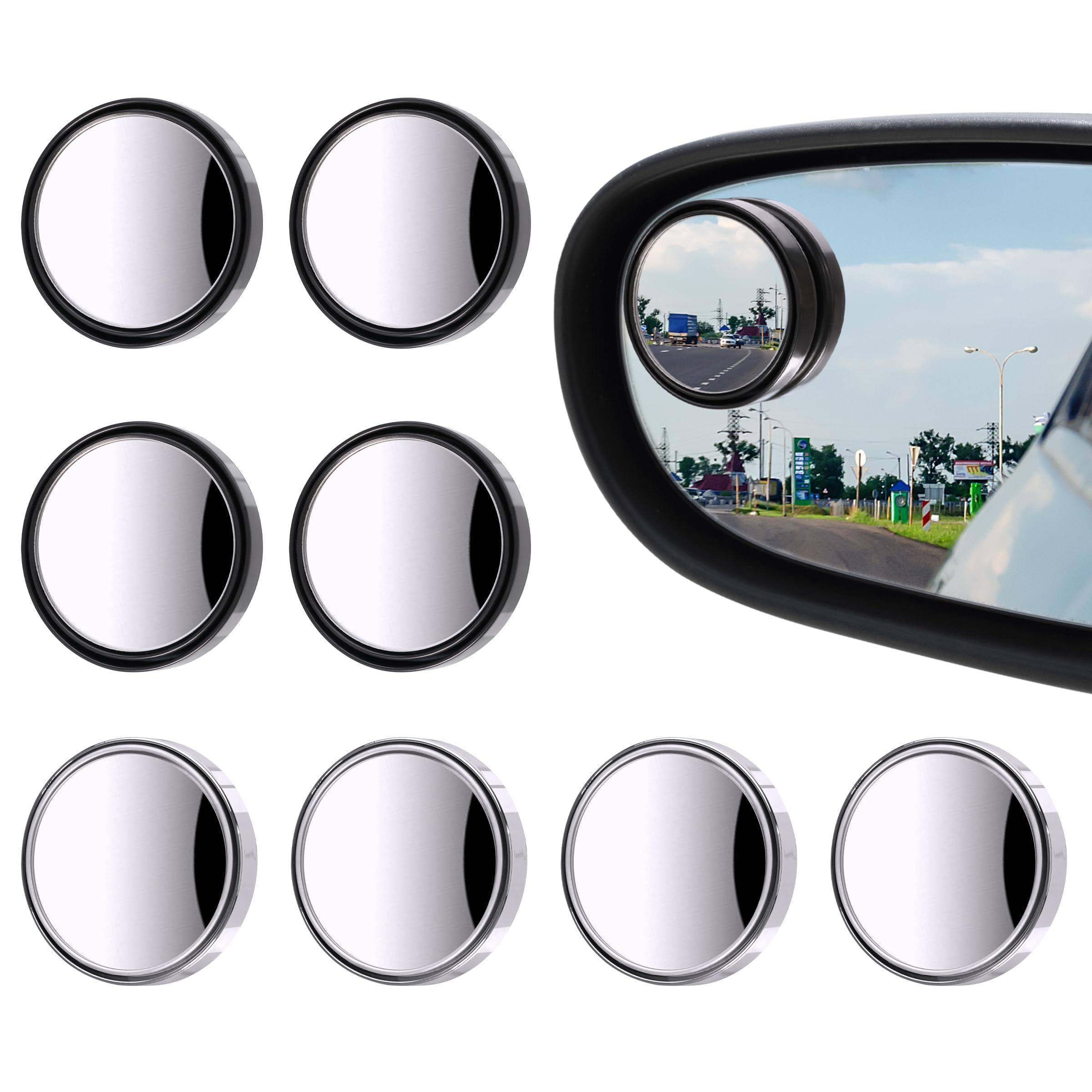 KASTWAVE 8 Pcs Blind Spot Mirrors for Car, 1.97’’ Round HD Convex Mirror, 360° Wide Angle Side View Mirror with ABS Housing for A Wide Range Of Models (Black, Silver)