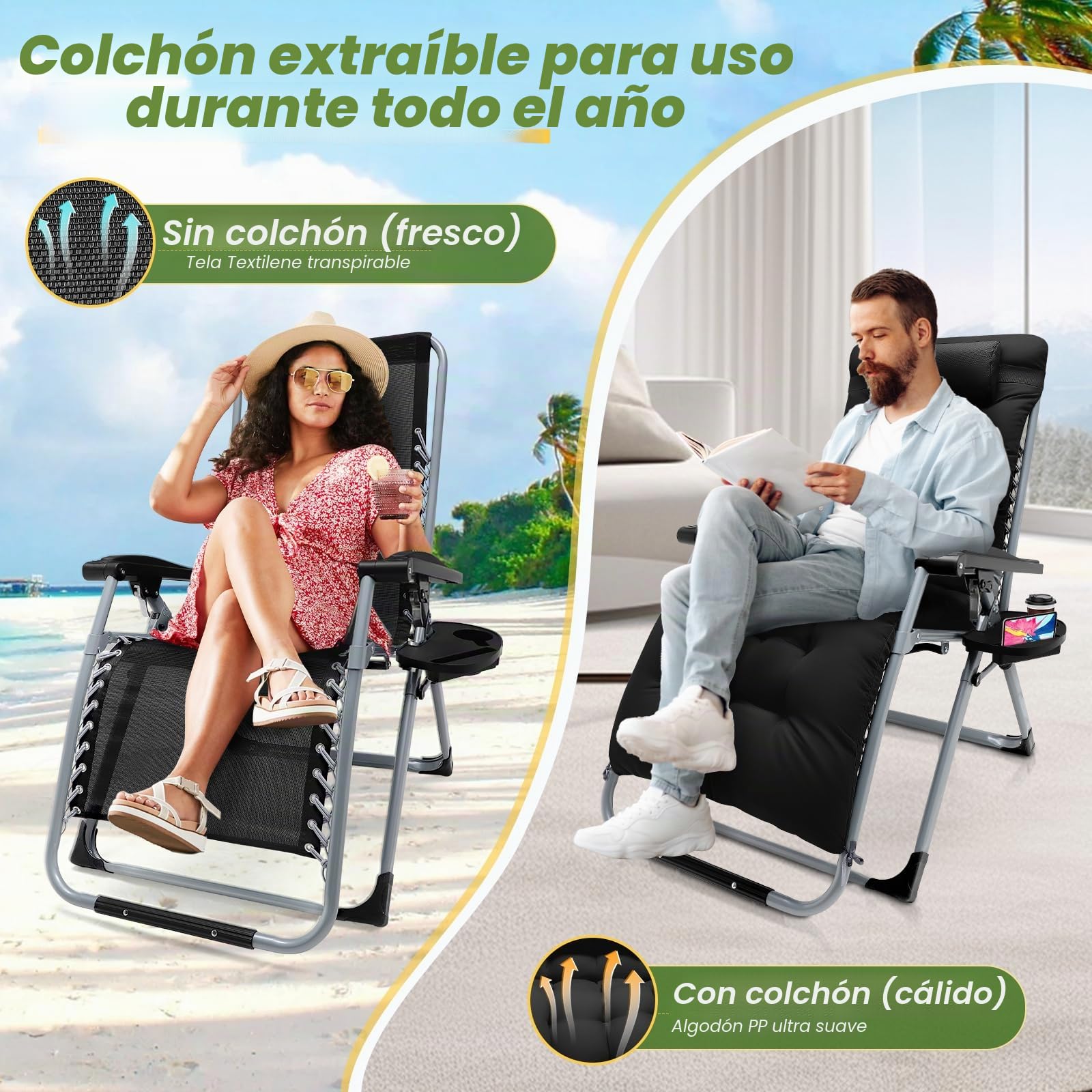 Tumbona Plegable para Jardín, Hamaca de Sol con colchón Grueso Desmontable y portavasos Integrado, Respaldo Regulable Entre 90°y170°, Carga máxima 200kg para terraza, Camping, Piscina y Playa