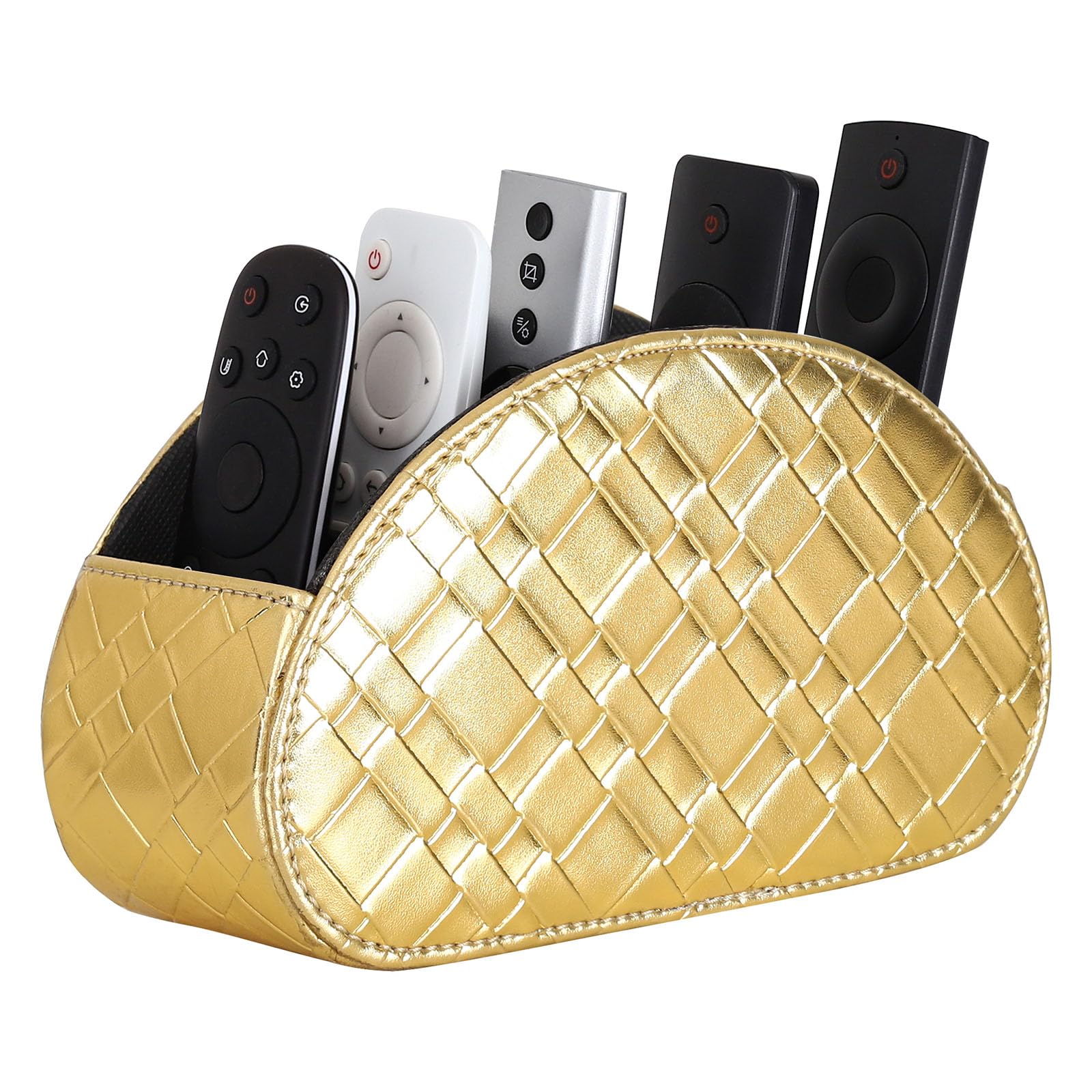 LINKWELLRemote Control Organizer, PU Leather Remote Control Holder for Table with 5 Compartments, Bedside Remote Control Holder for Bedroom Nightstand, Gold PH95