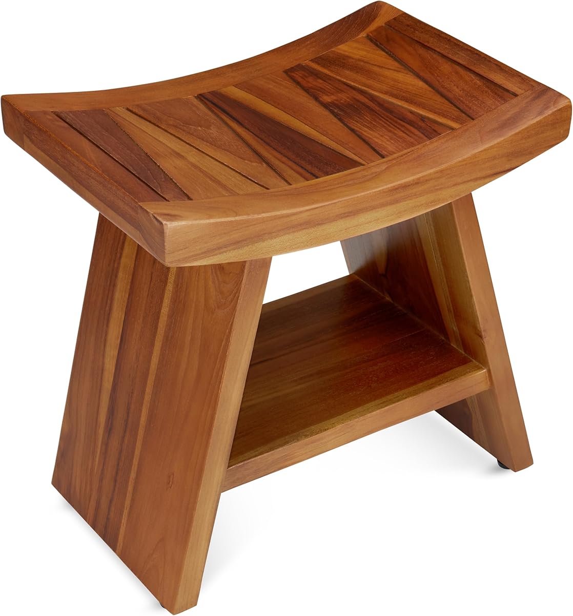 A small solid teak shower stool with slatted top